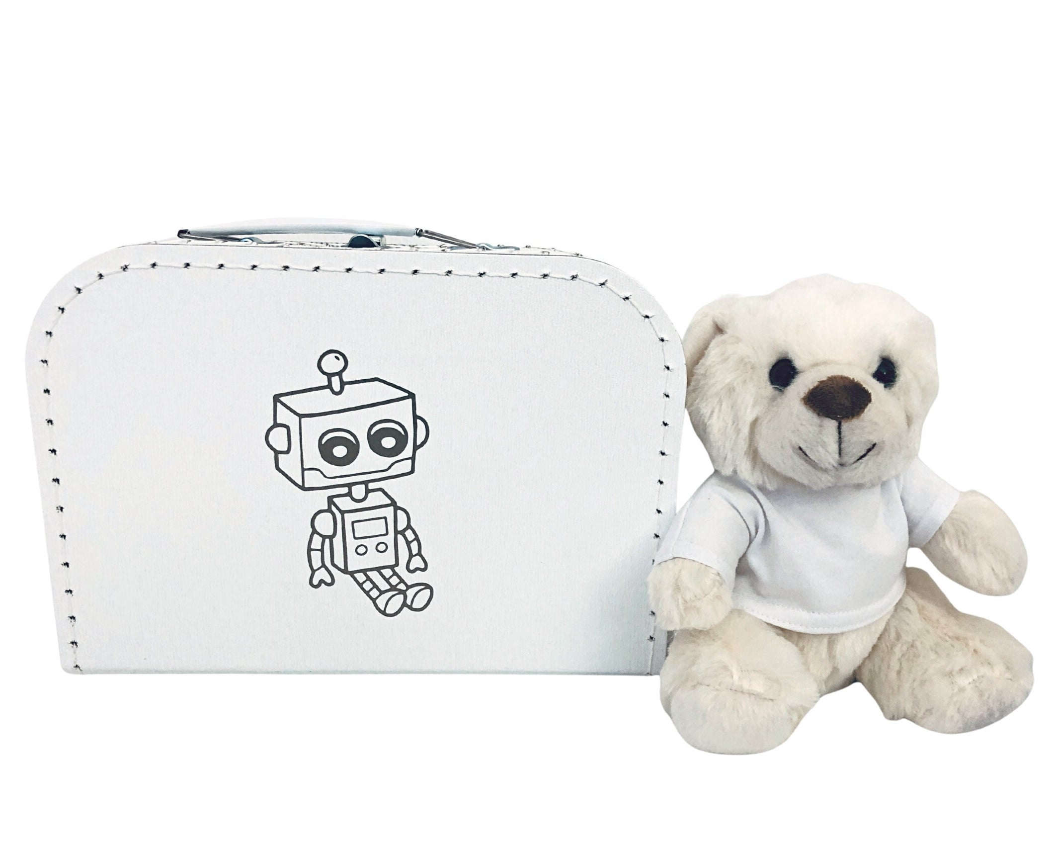 Kleiner weißer Kinderkoffer | Roboter | Pappkoffer für Spielzeug | Geschenk Kindergartenkind Schulkind