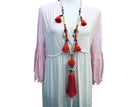XXL Kette im Boho-Stil mit neon Orange | beige Perlen | Pompons Kaurimuscheln | Quasten | Ibiza Style