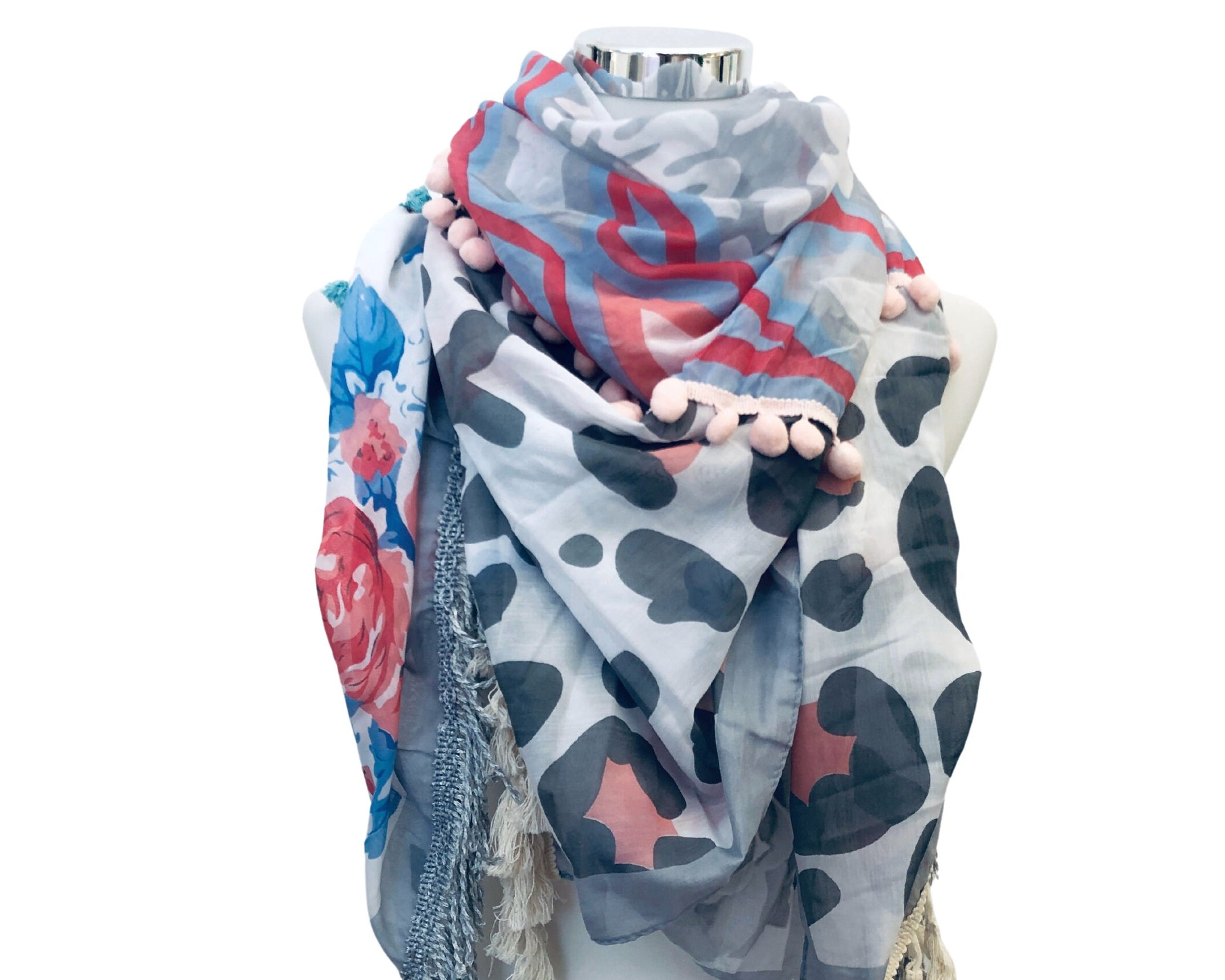 Bunter Pareo im Boho-Style | türkis rosa blau | Fransen | Bommel | Leomuster | Blumen | Ibiza Style