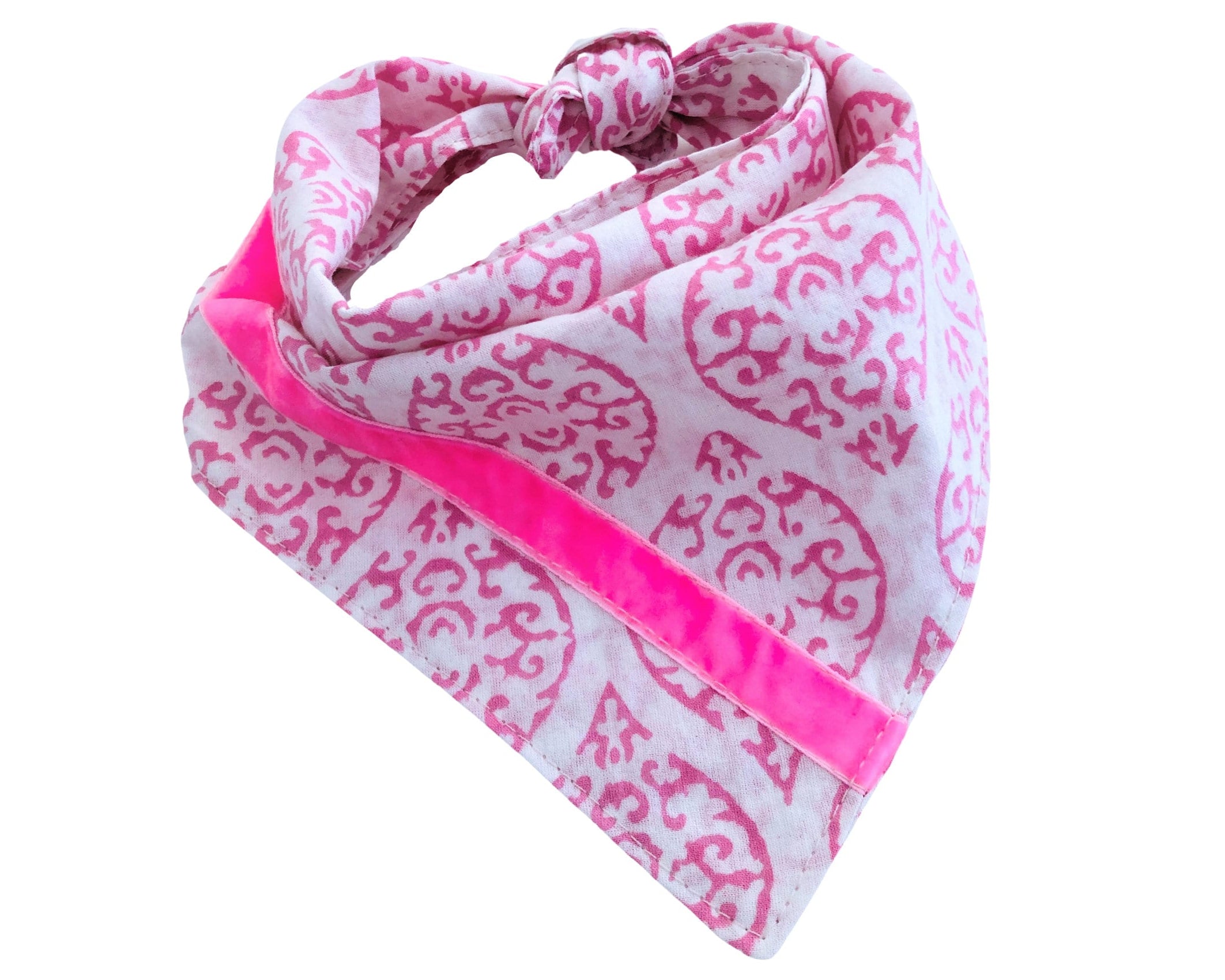 Weiß pinkes Hunde Halstuch | Bandana zum Wenden | Ethnomuster | Dreieckstuch zum Binden | Samtband | Gr. S