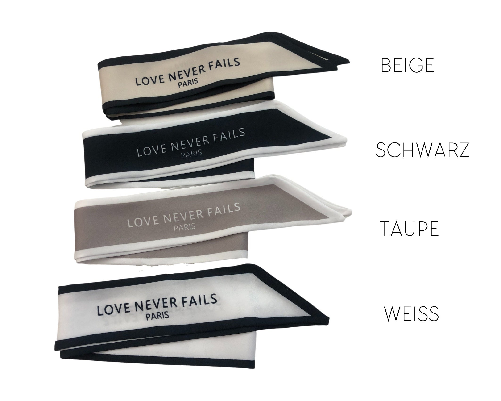 Twilly | Seidiger schmaler Schal | Haarband | Love Never Fails | für Handtasche, als Armband, Haarband, Krawatte, kleines Halstuch