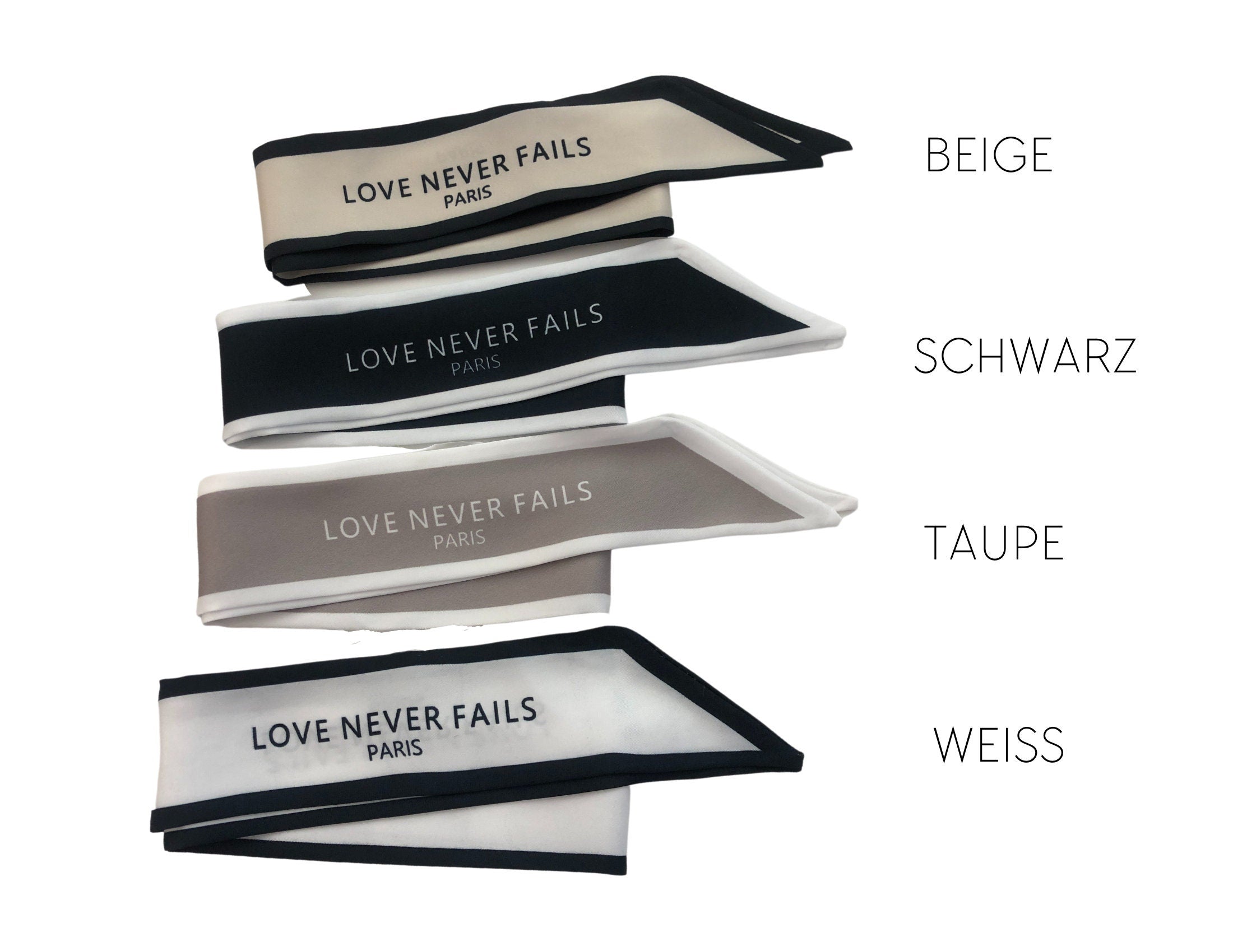 Twilly | Seidiger schmaler Schal | Haarband | Love Never Fails | für Handtasche, als Armband, Haarband, Krawatte, kleines Halstuch