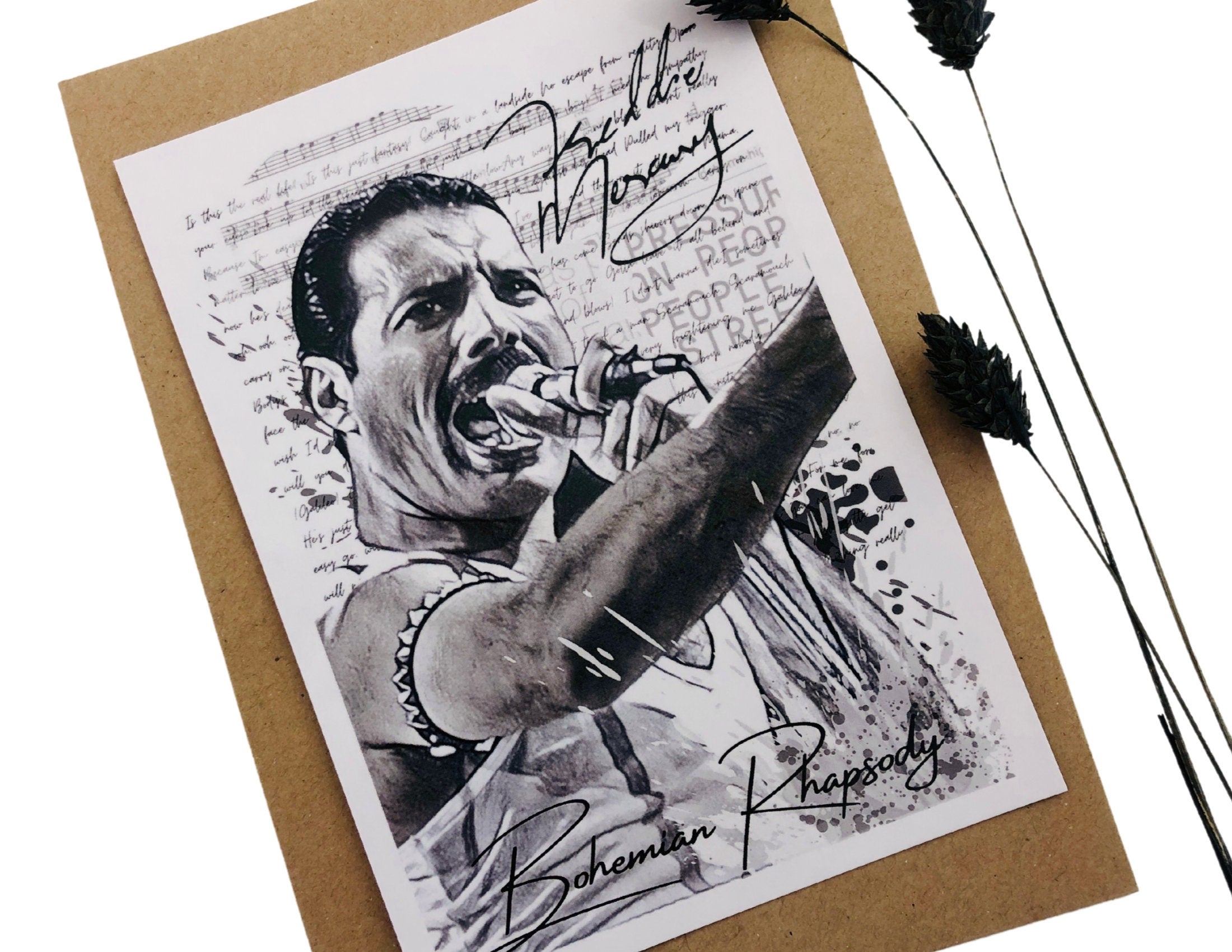 Karte | Freddie Mercury | Art Card | schwarz weiß | A6 | Kraftpapierumschlag