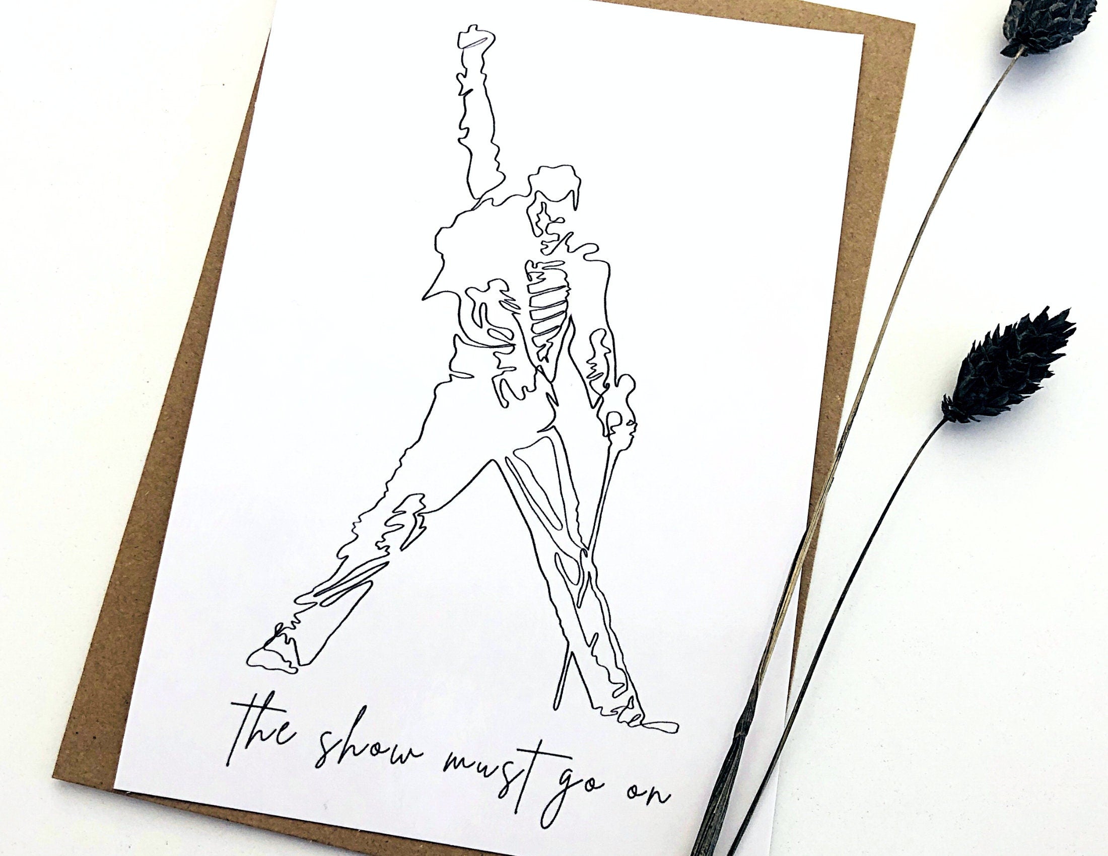 Karte | Freddie Mercury | The Show must go on | One Line Art | A6 | Kraftpapierumschlag