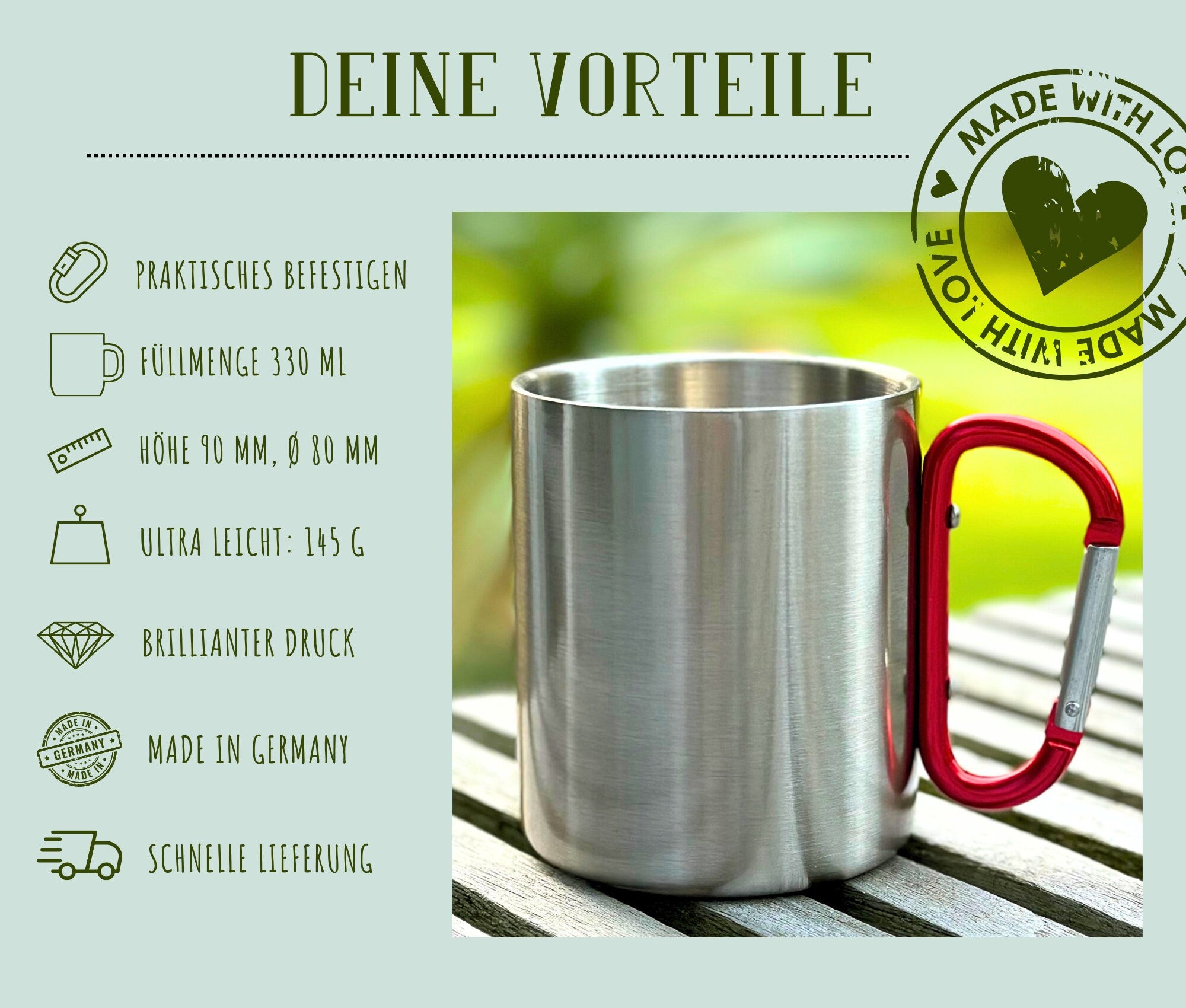 Karabinertasse | Personalisierte Outdoor Tasse für Wanderer | Edelstahl mit Karabiner | Karabinertasse Wandern Camping Camper
