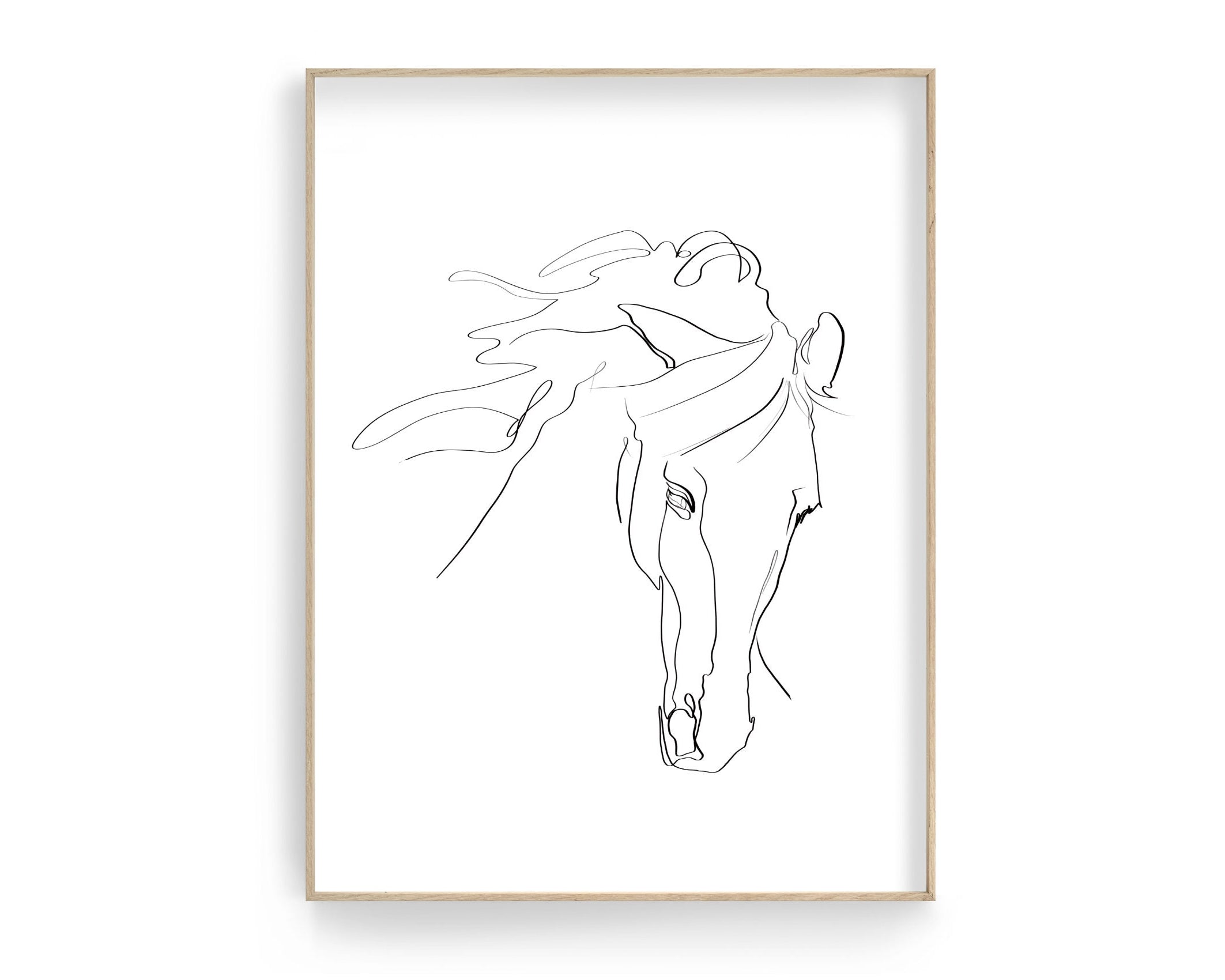 Pferde Portrait nach Foto | One Line Art | Digital Print | Benutzerdefiniertes Bild | gerahmtes Tierportrait | Name | Boho Skandi Stil