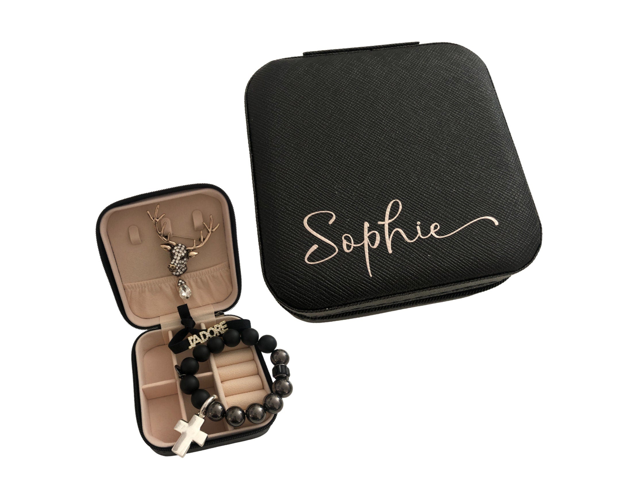 Schmuck-Etui für die Reise | personalisierte Schmuckbox | kleine Schatulle mit Namen | rosa, pink, schwarz, beige