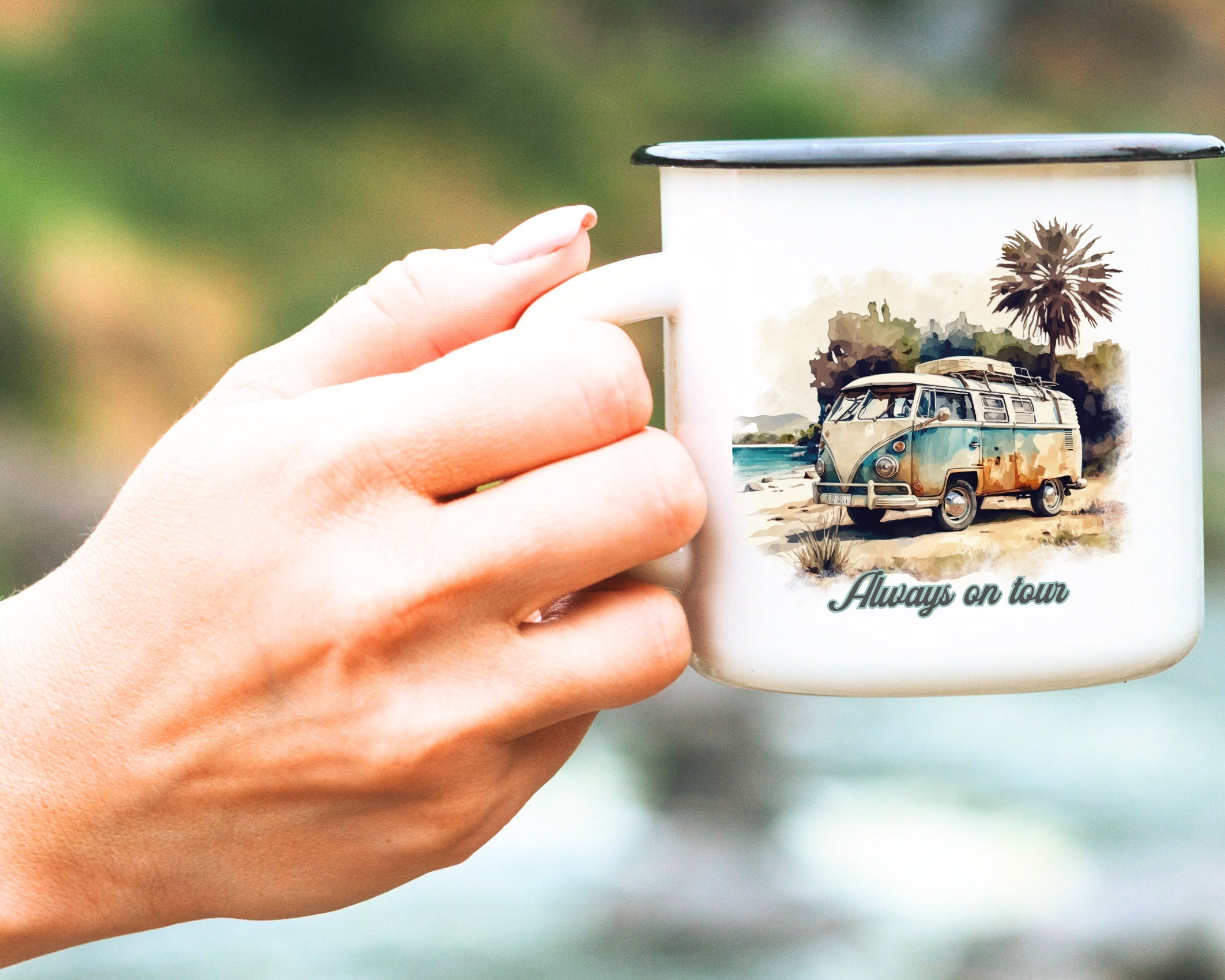 Emaille Tasse | Camping | personalisiert | Retro VW-Bulli