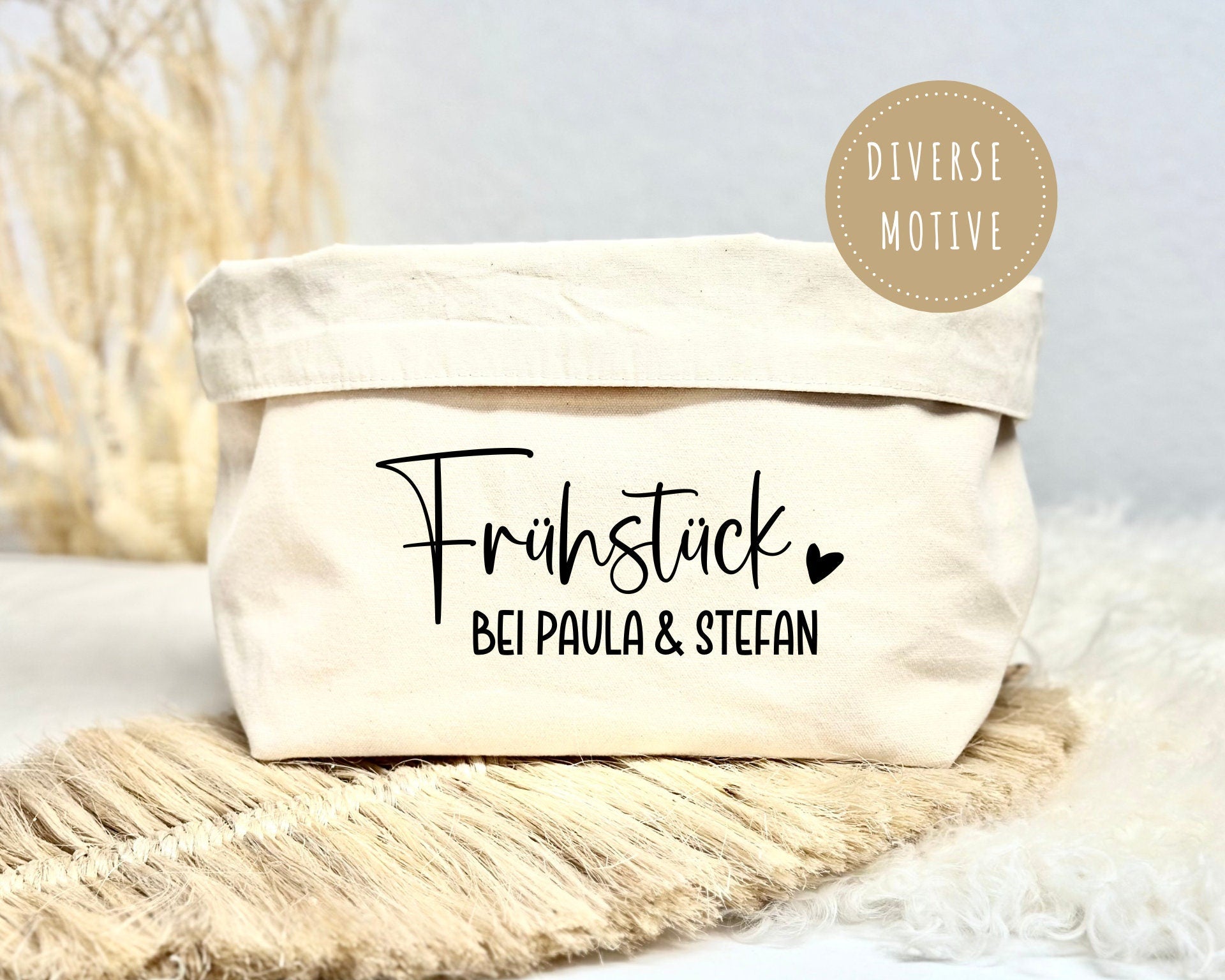 Brotkörbchen personalisiert | beiger Stoffkorb | Brotkorb | mit Beschriftung Frühstück und Namen