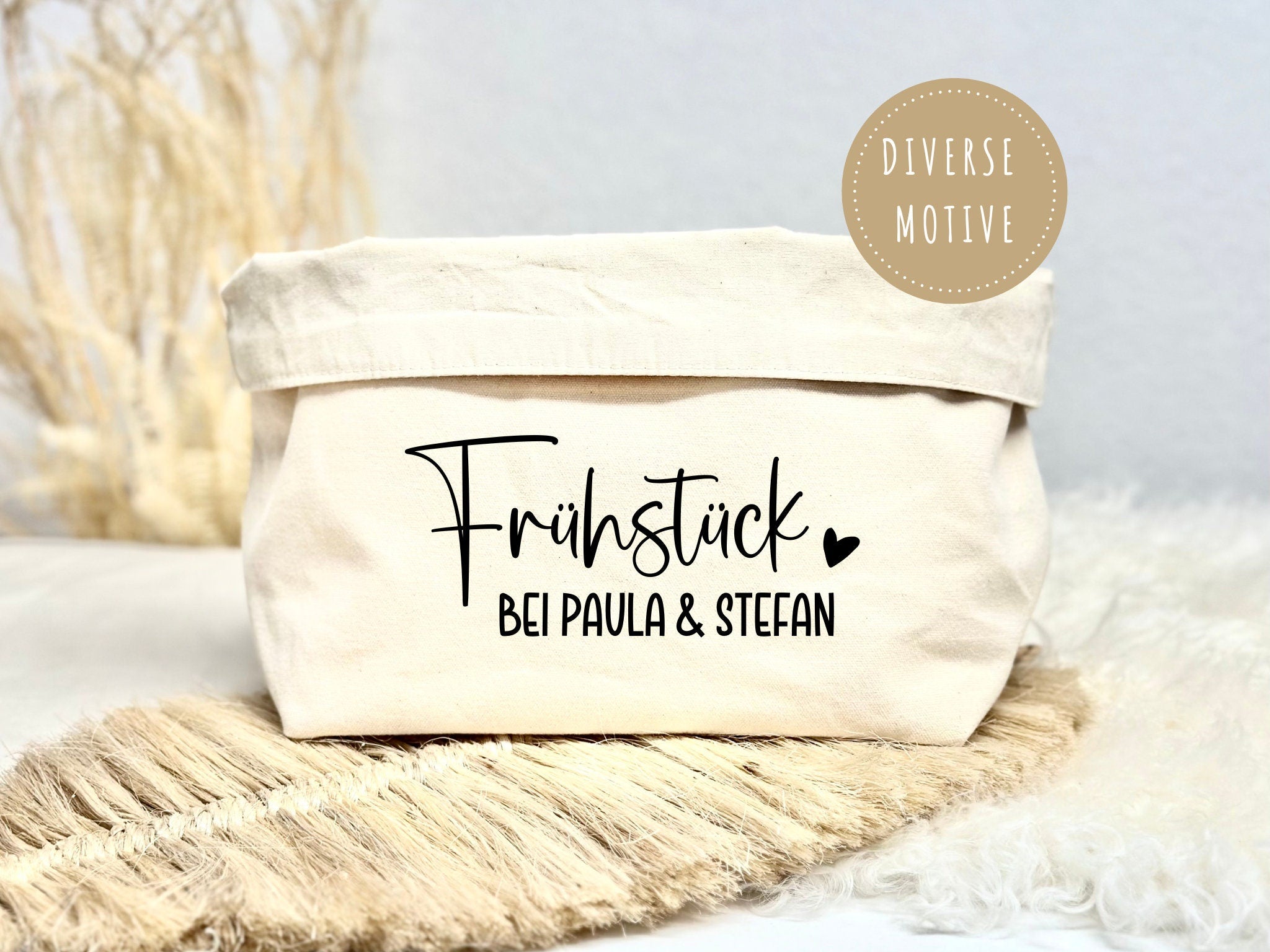 Brotkörbchen personalisiert | beiger Stoffkorb | Brotkorb | mit Beschriftung Frühstück und Namen