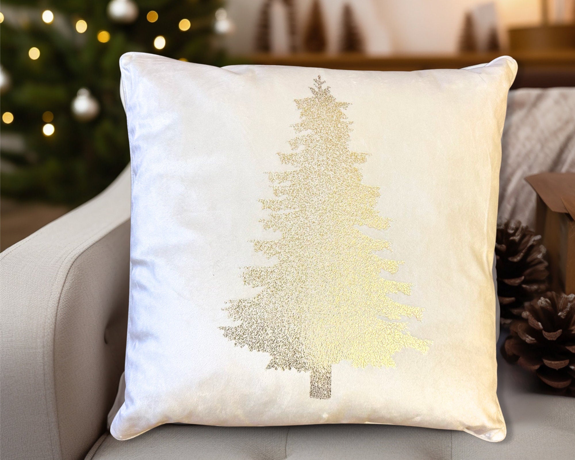 Kissen | Weihnachten | Tanne | Christmas | Samt creme gold