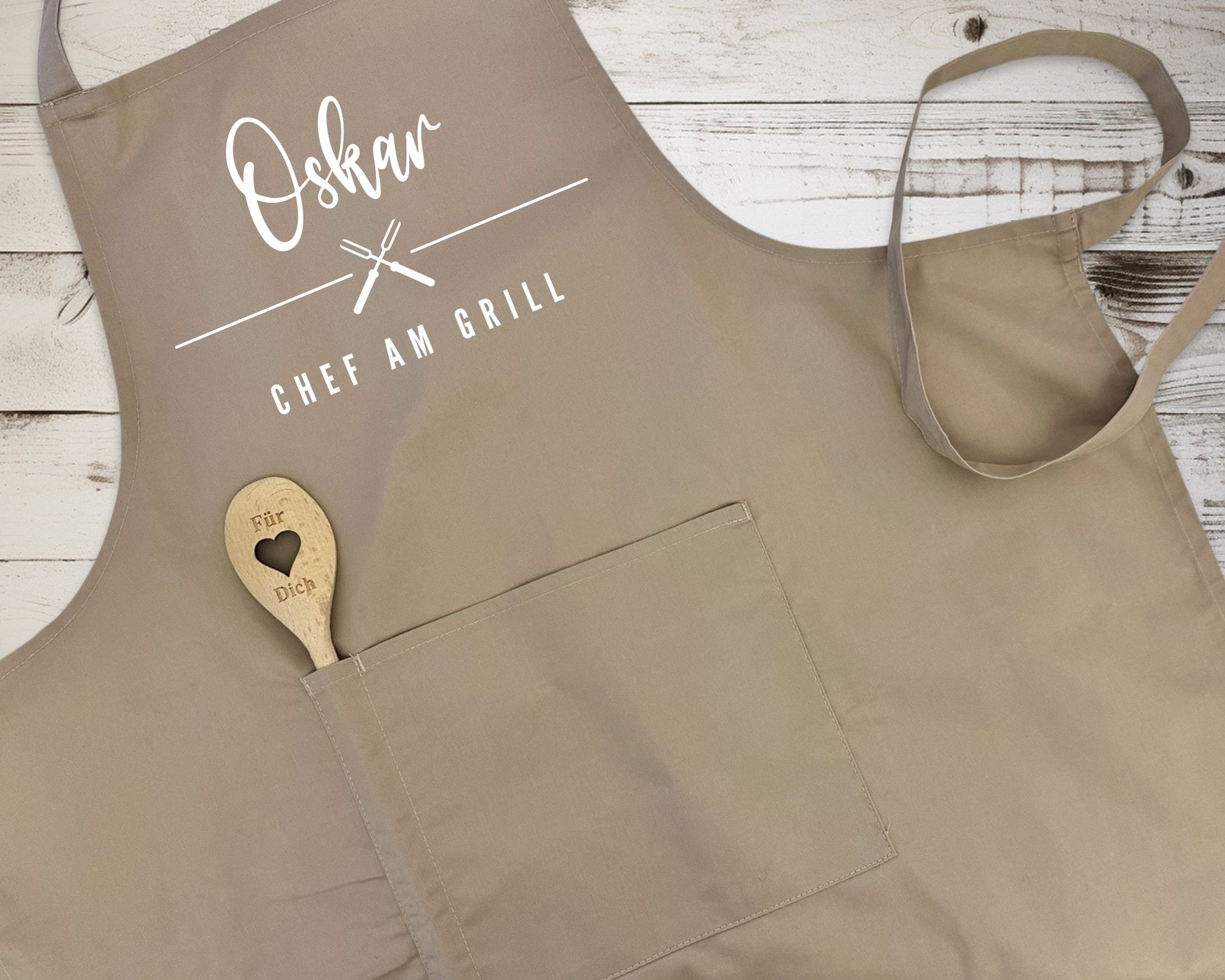 Schürze | personalisiert mit Deinem Namen | sand, rosa, pink, khaki, bordeaux, Jeans