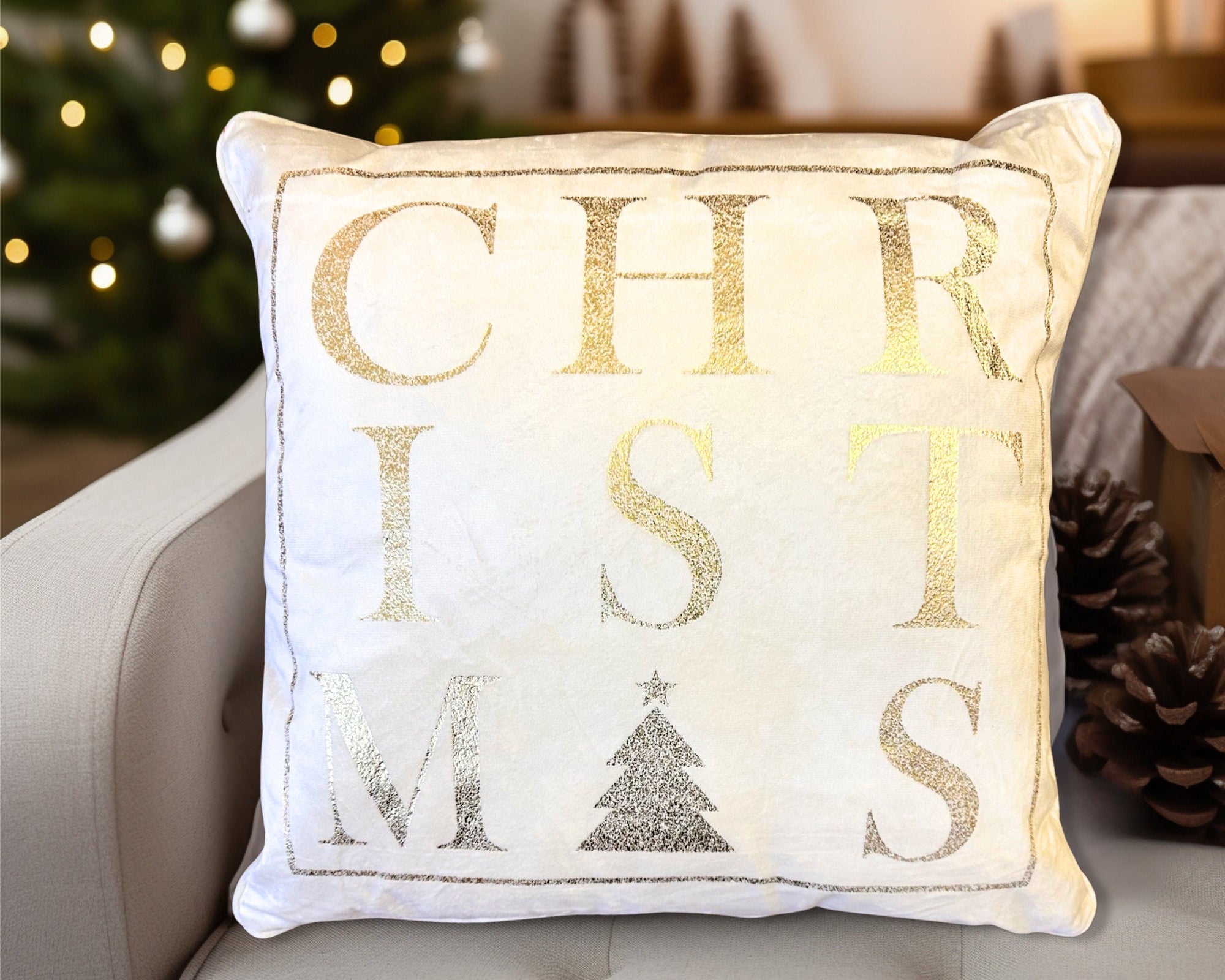 Kissen | Weihnachten | Tanne | Christmas | Samt creme gold