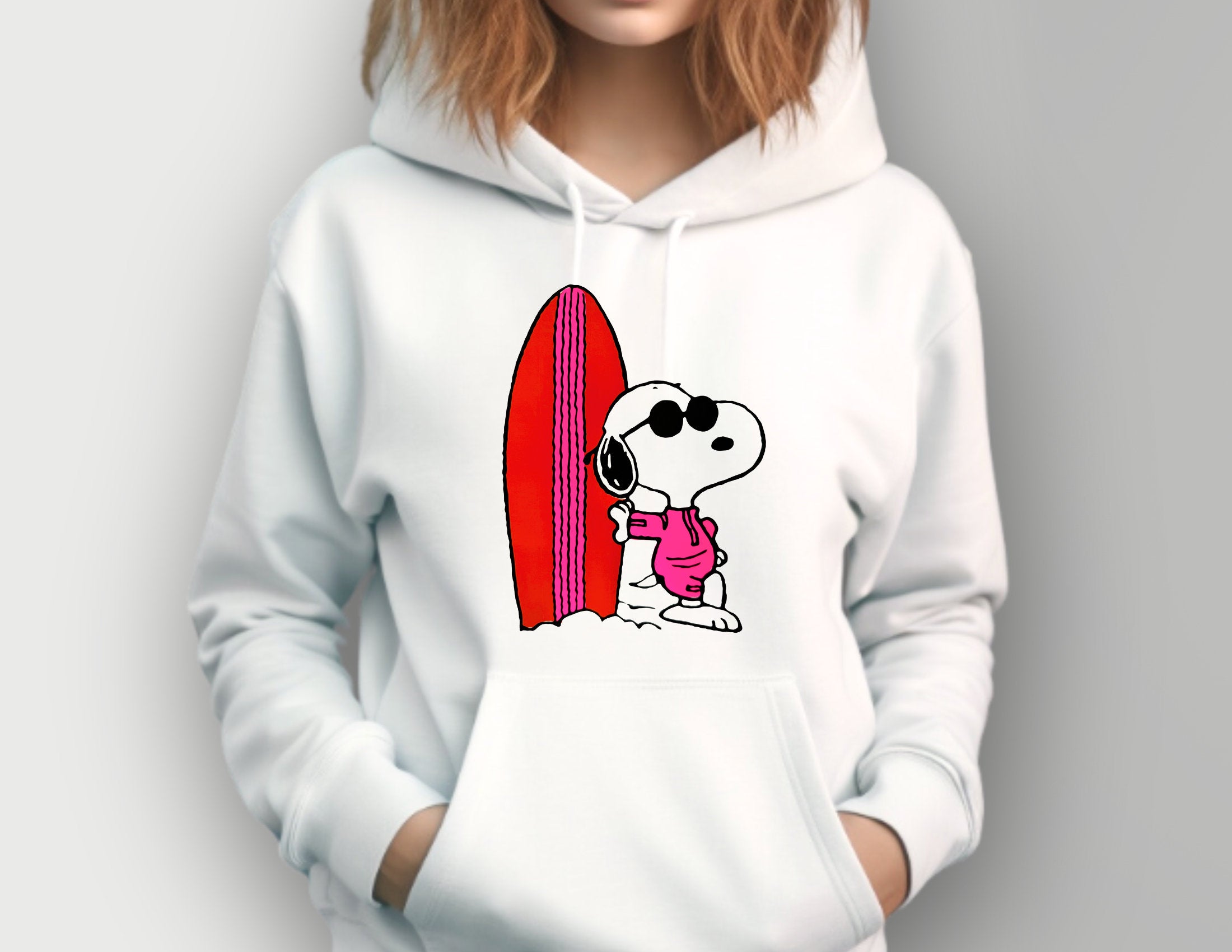 Hoodie Snoopy Surfbrett weiB neon pink orange