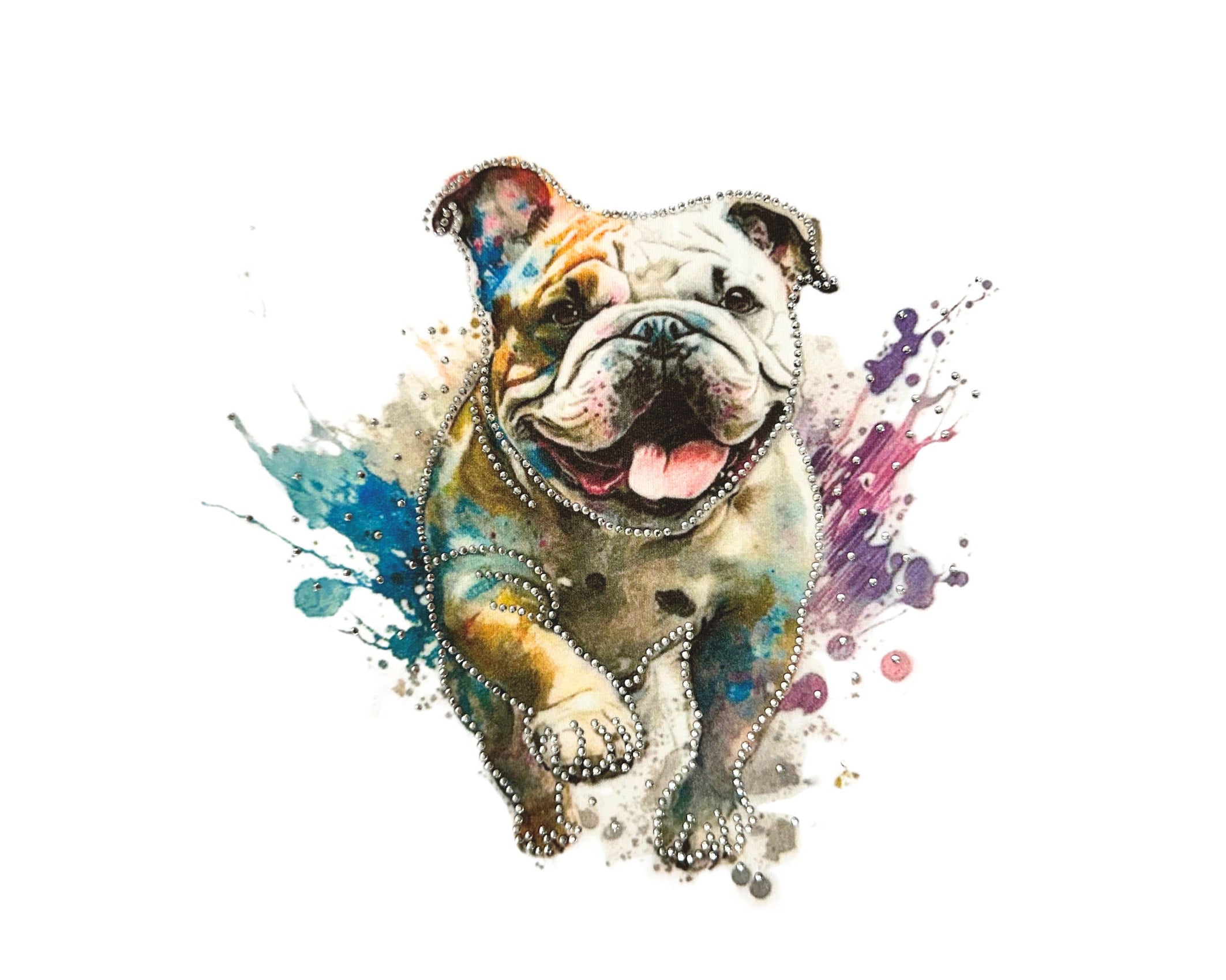 T-Shirt | Bunte Bulldogge mit Glitzer | Strass | weiß