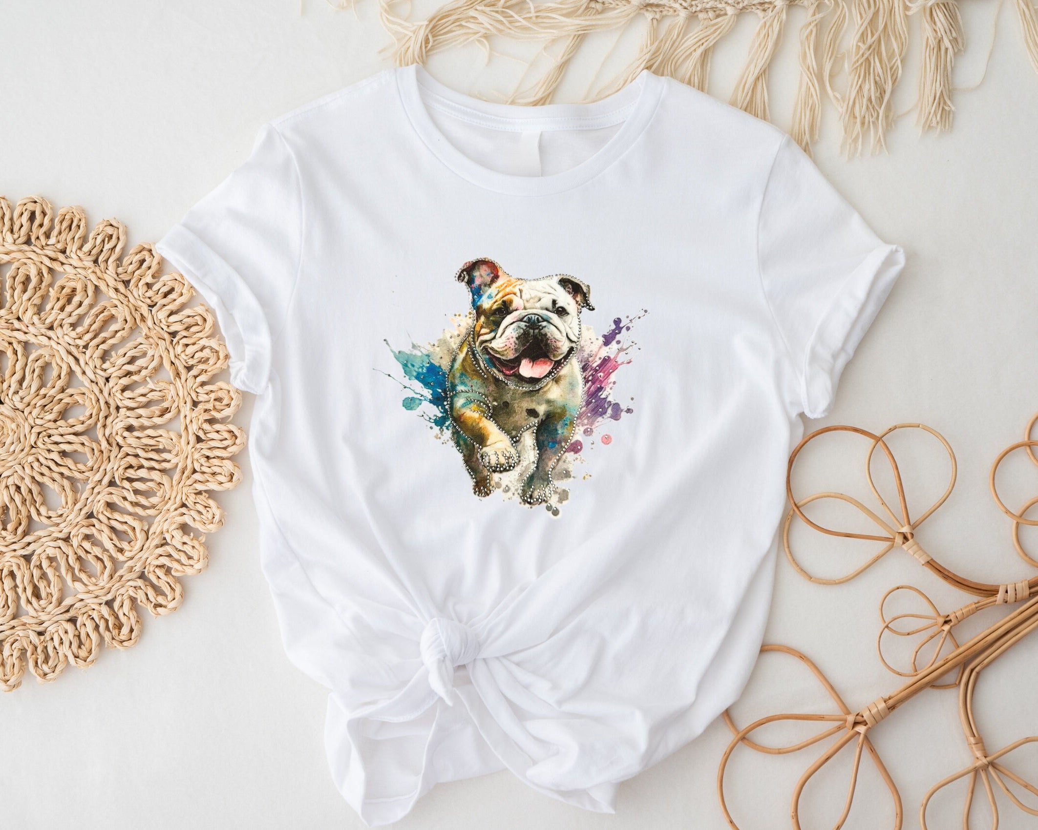 T-Shirt | Bunte Bulldogge mit Glitzer | Strass | weiß