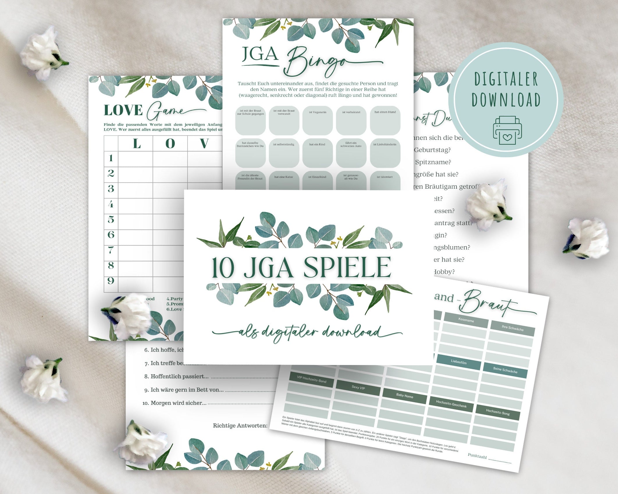 JGA Spiele für Frauen | 10 lustige Partyspiele | Spiele-Set für Junggesellinnenabschied, Brautparty oder Hochzeit | Hochzeitsspiele