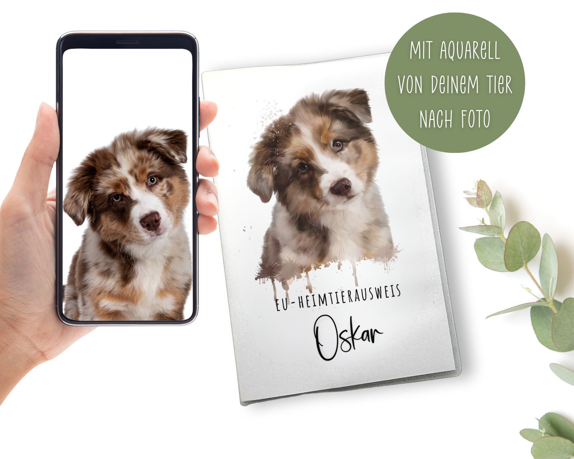 Heimtierausweis mit Aquarell Portrait von Deinem Tier | nach Foto | personalisierte Schutzhülle | Name