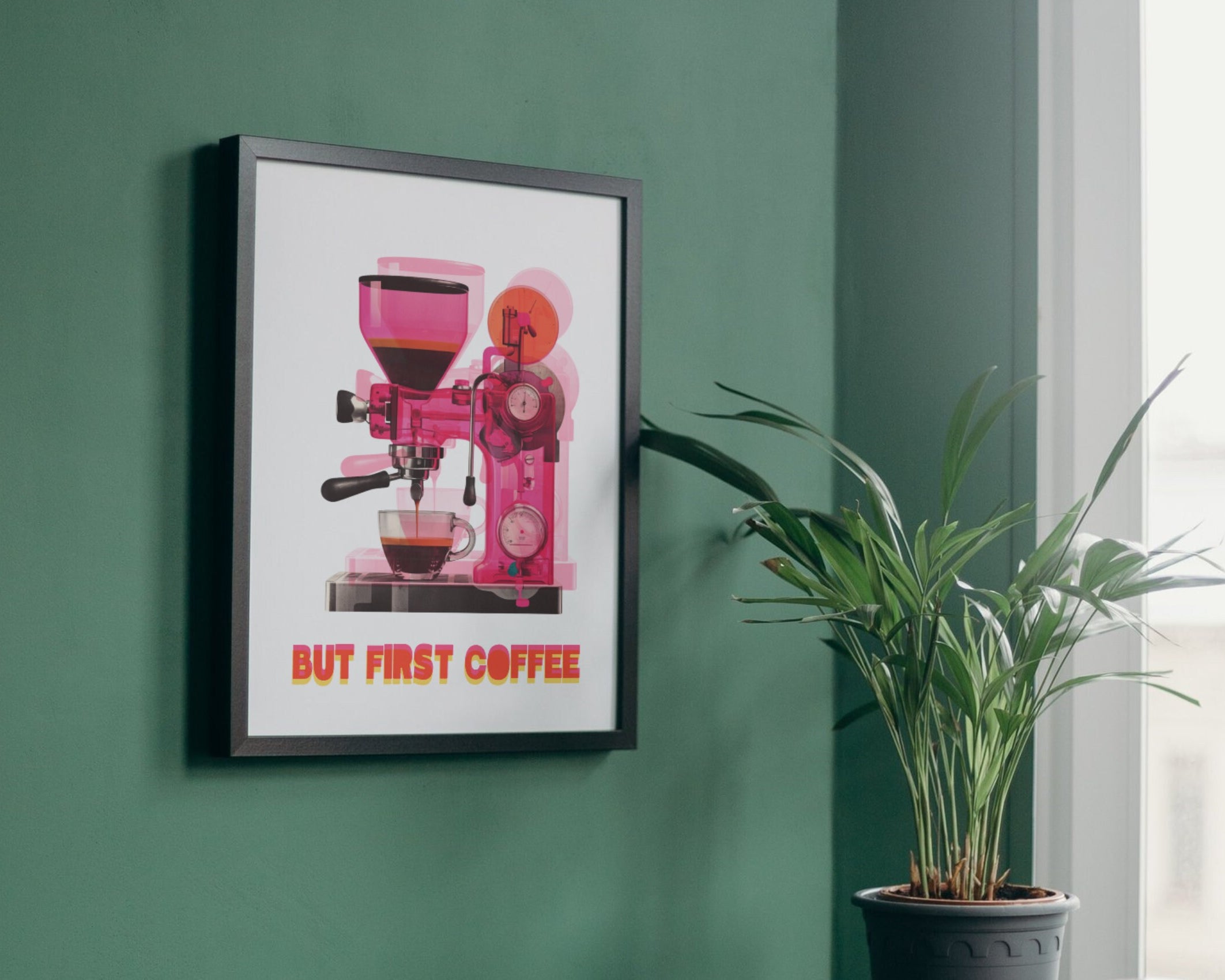 Poster Risographie | Riso Print | Kaffee Espressomaschine | But First Coffee | Digitaler Download