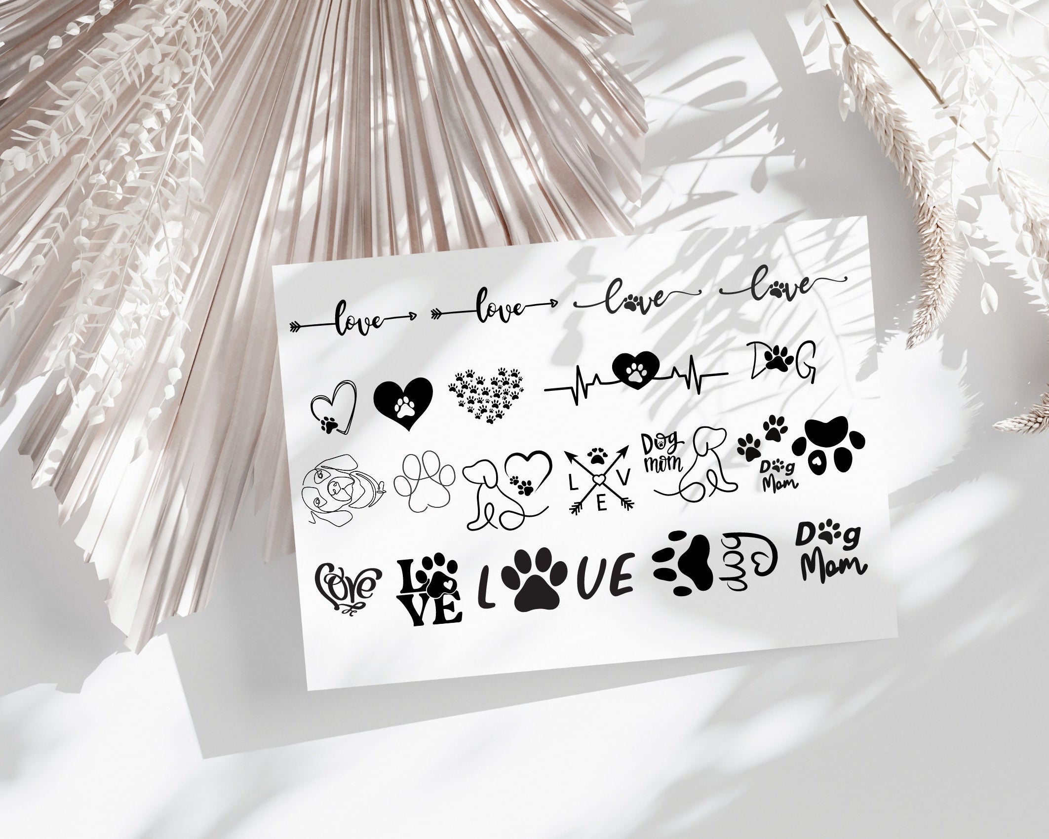 Hunde Tattoos | temporäre Tattoos | Set mit 24 Motiven | Dog Mom Hundepfote Herz Paw