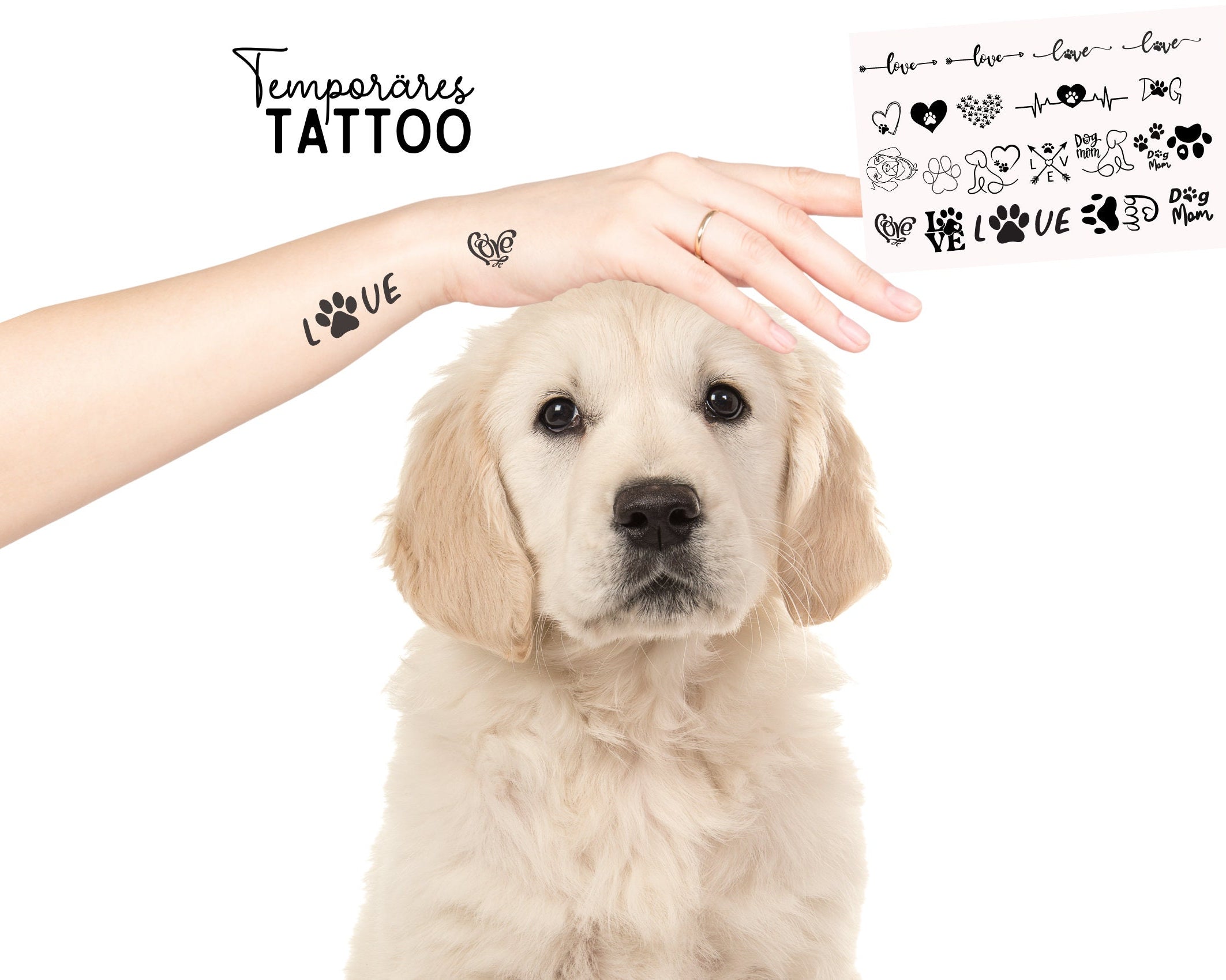 Hunde Tattoos | temporäre Tattoos | Set mit 24 Motiven | Dog Mom Hundepfote Herz Paw