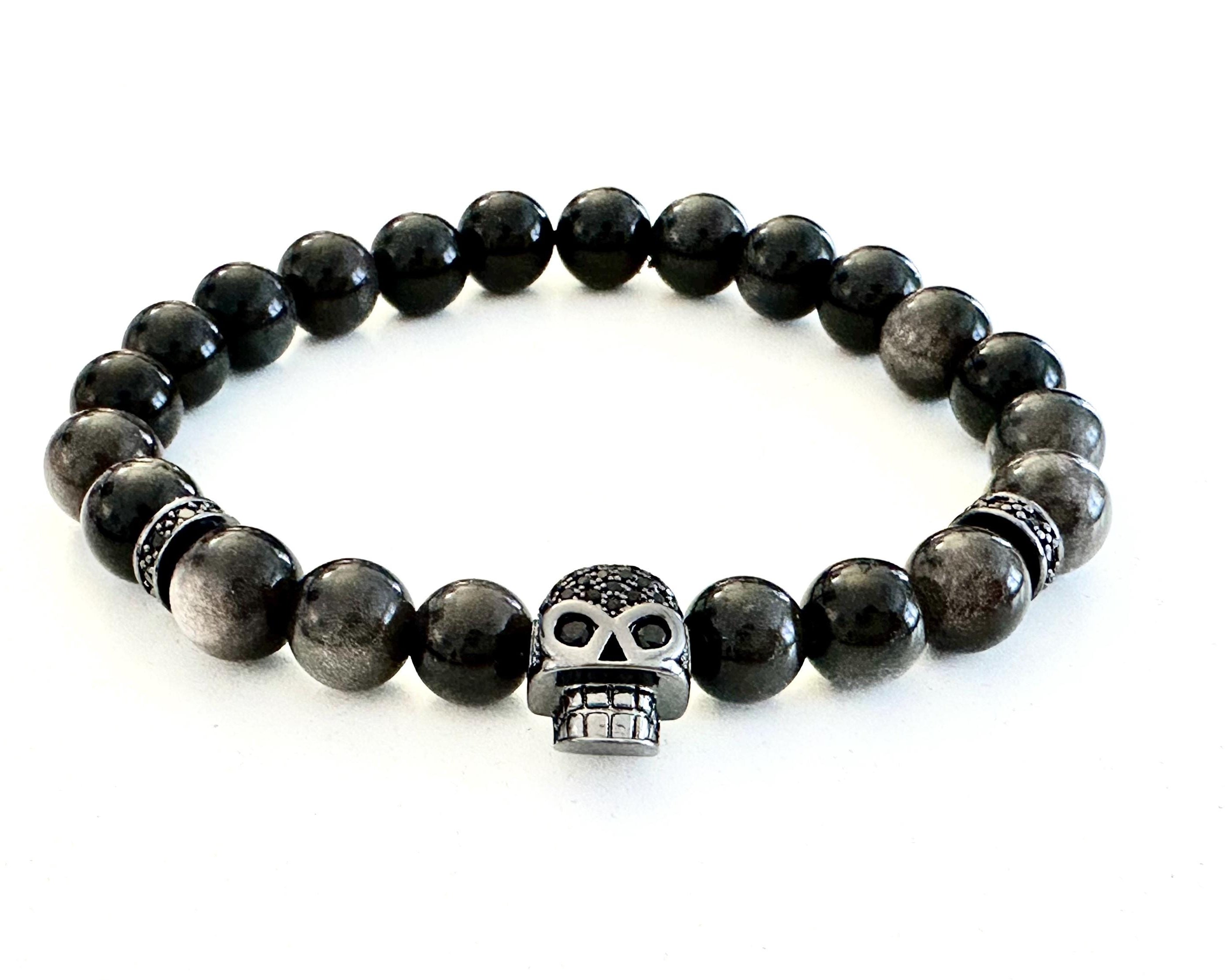 Armband mit Totenkopf | Schädel | Skull | Männerarmband | Perlenarmband | Steinperlen grau