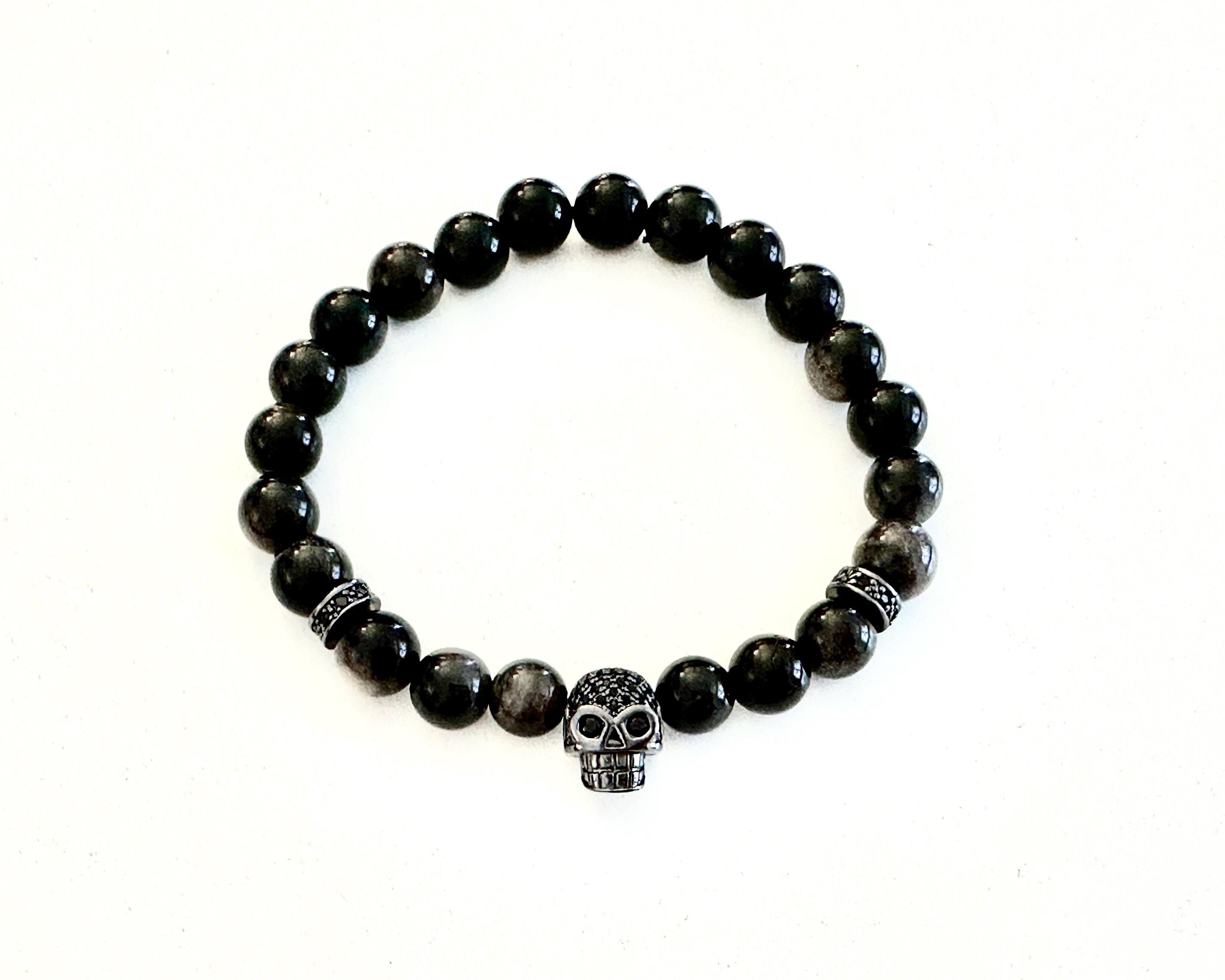 Armband mit Totenkopf | Schädel | Skull | Männerarmband | Perlenarmband | Steinperlen grau