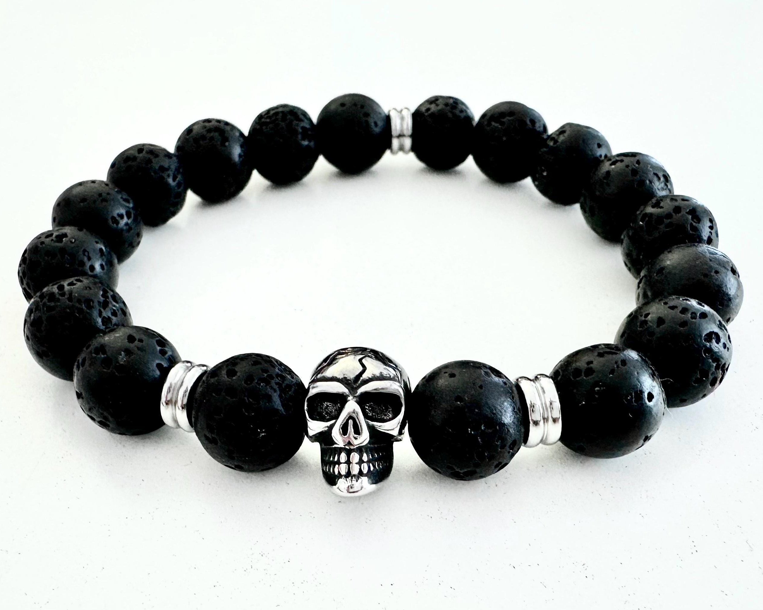 Armband | schwarze Lavaperlen mit Totenkopf | Schädel | Skull Lavaarmband | Männerarmband | Perlenarmband | Lava