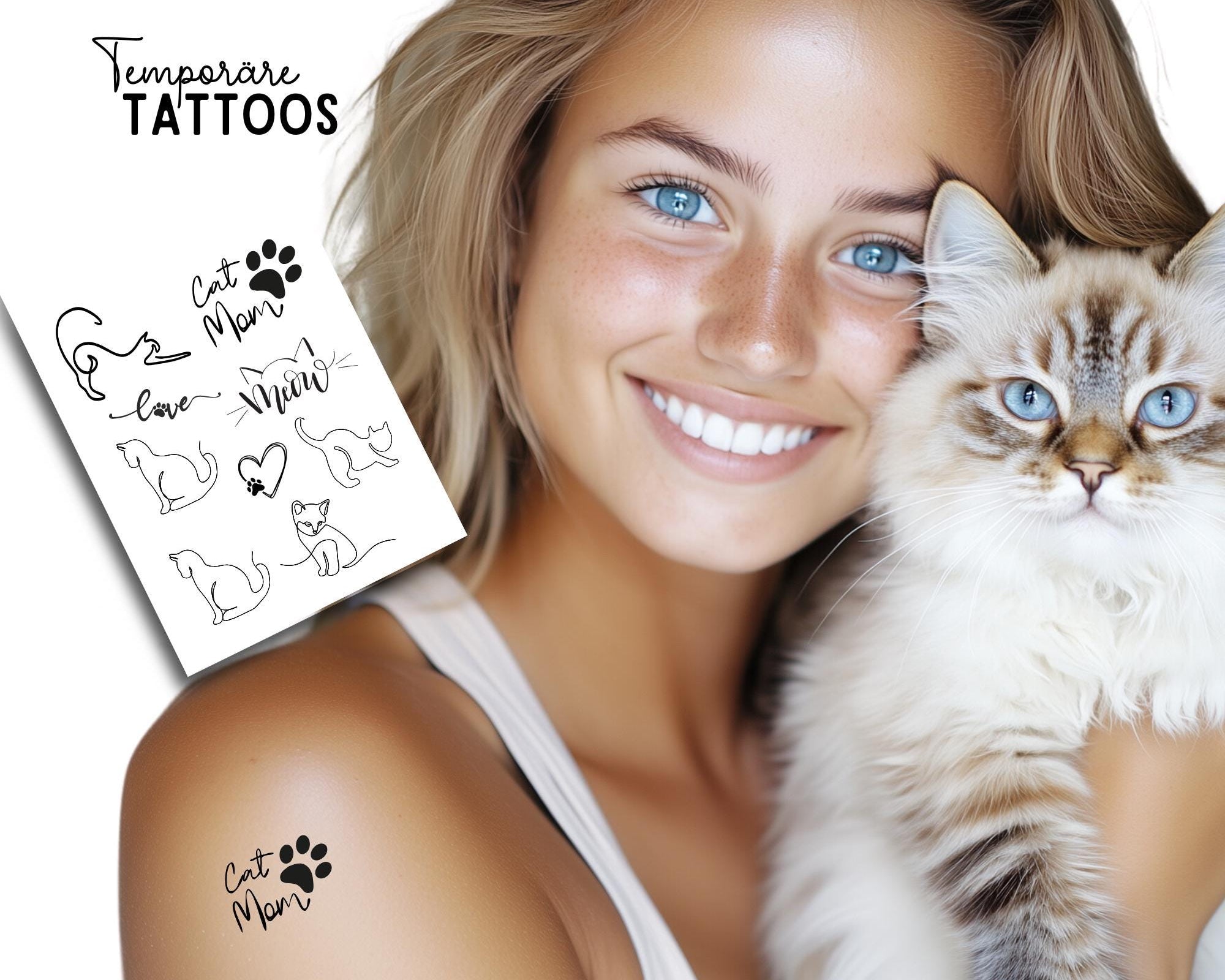 Cat Mom Tattoos | temporäres Katzen Tattoo | 9er Set | Cat Katze Kitten Katzenpfote | Cat Tattoos