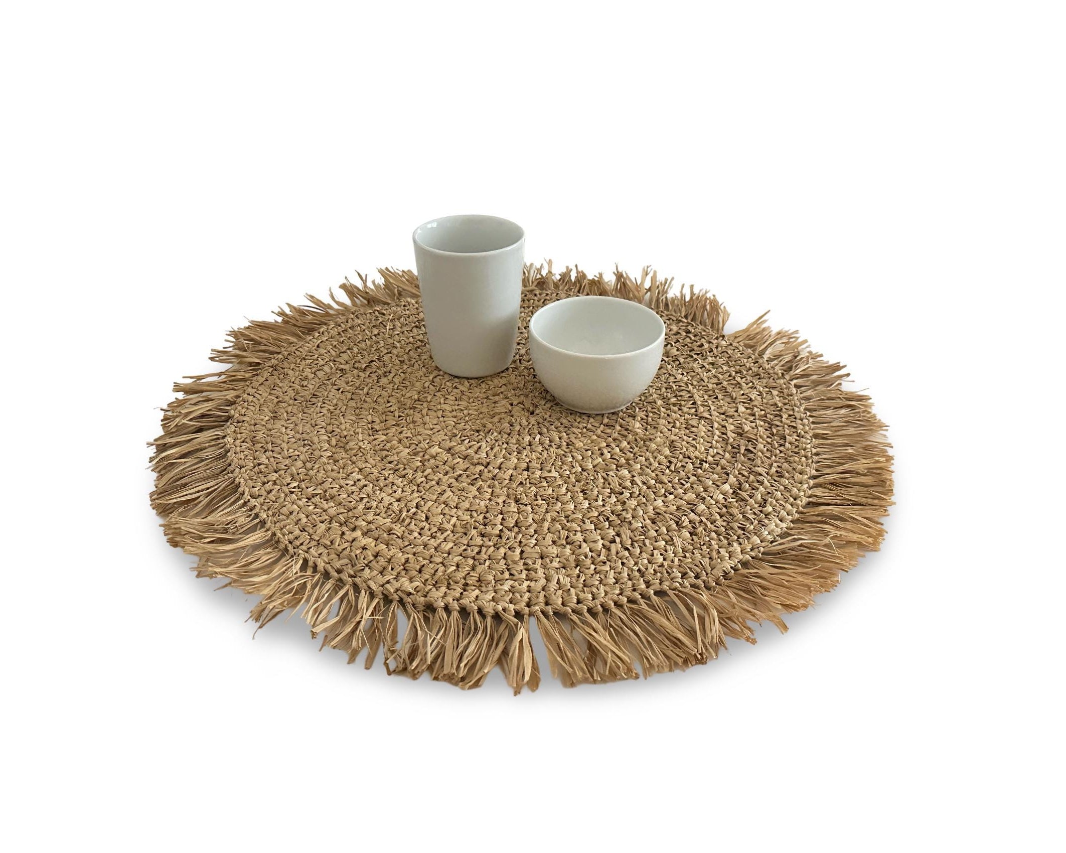 Großes Boho Tisch Set mit Fransen | Bast, rundes geflochtenes Set | Deko 50 cm Durchmesser