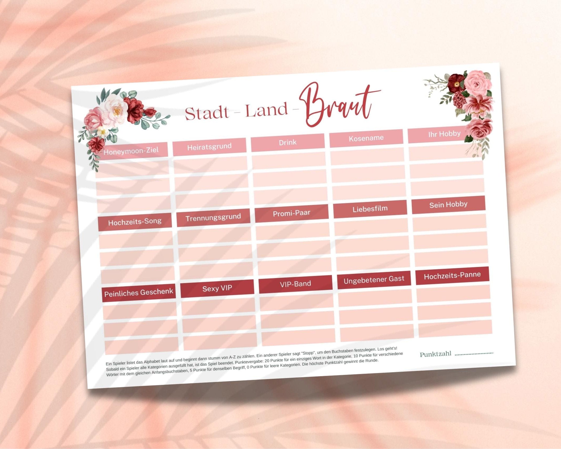 Stadt-Land-Braut | Spiel Hochzeit | Partyspiel JGA | Hochzeitsspiel à la Stadt-Land-Fluss | als Download