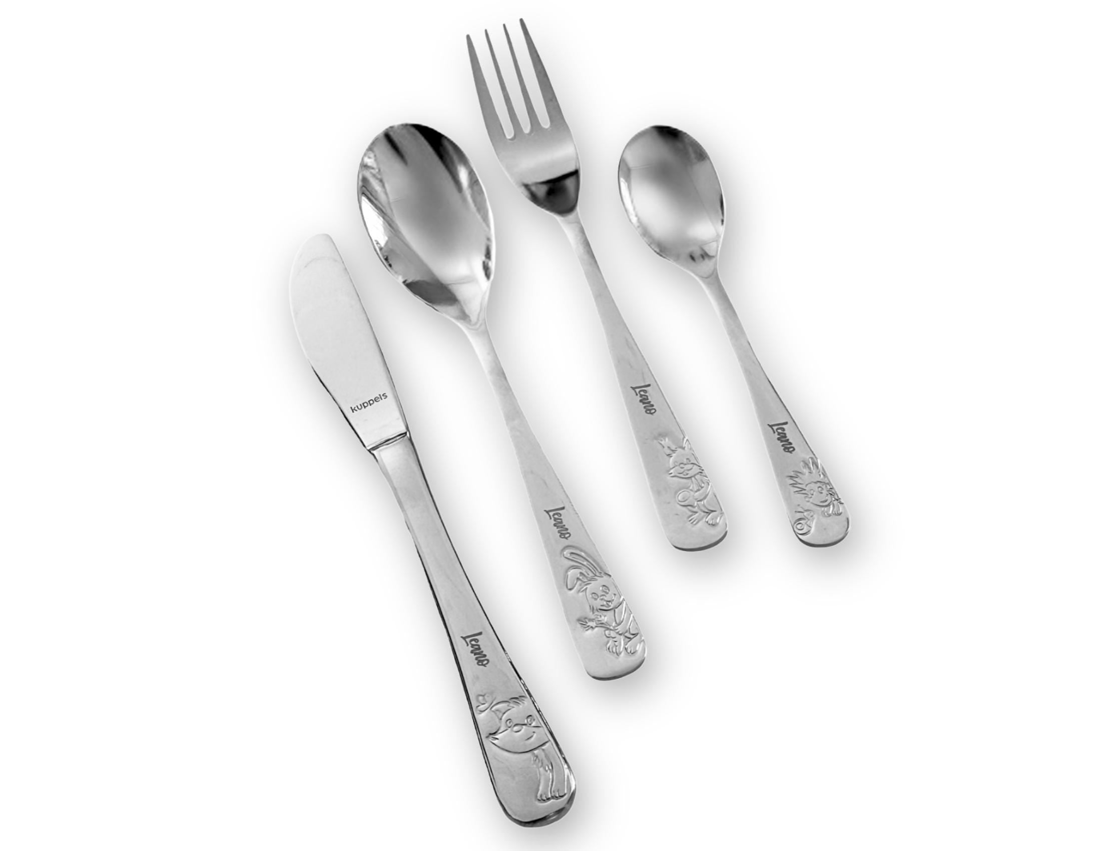 Kinderbesteck personalisiert | 4teilig Edelstahl | mit Lasergravur Namen | verschiedene Tier-Motive