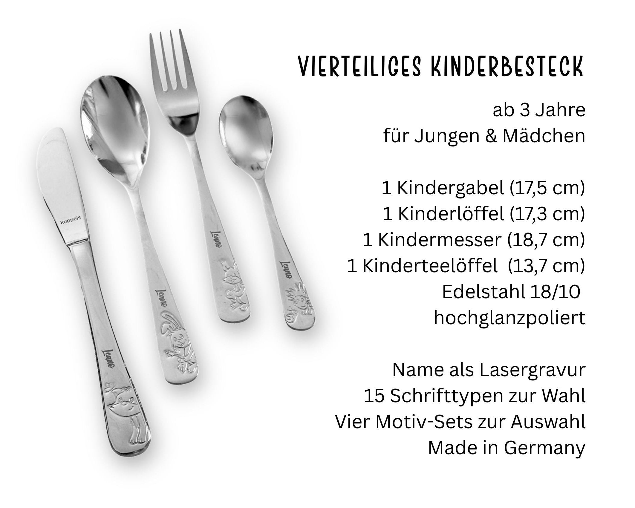 Kinderbesteck personalisiert | 4teilig Edelstahl | mit Lasergravur Namen | verschiedene Tier-Motive