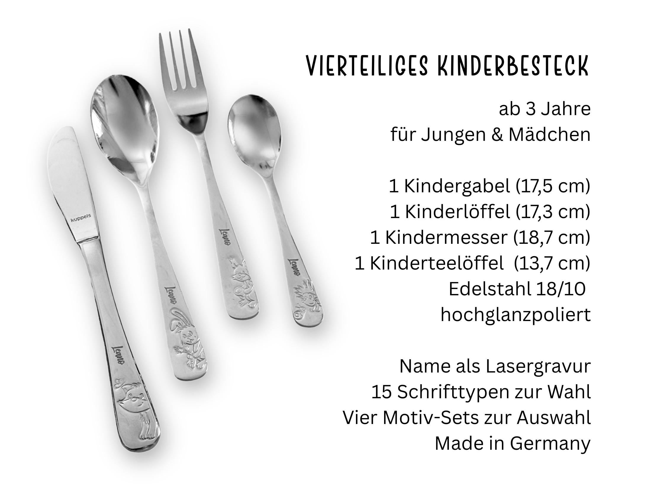 Kinderbesteck personalisiert | 4teilig Edelstahl | mit Lasergravur Namen | verschiedene Tier-Motive