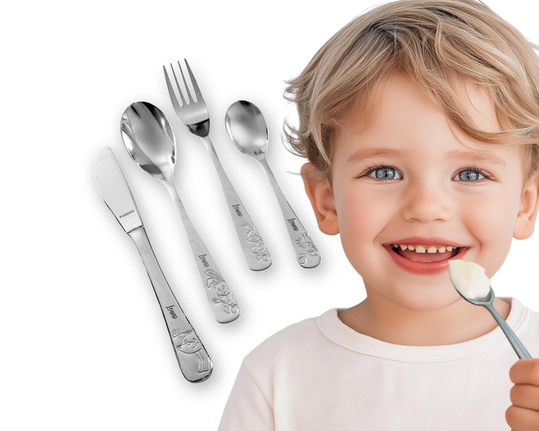 Kinderbesteck personalisiert | 4teilig Edelstahl | mit Lasergravur Namen | verschiedene Tier-Motive