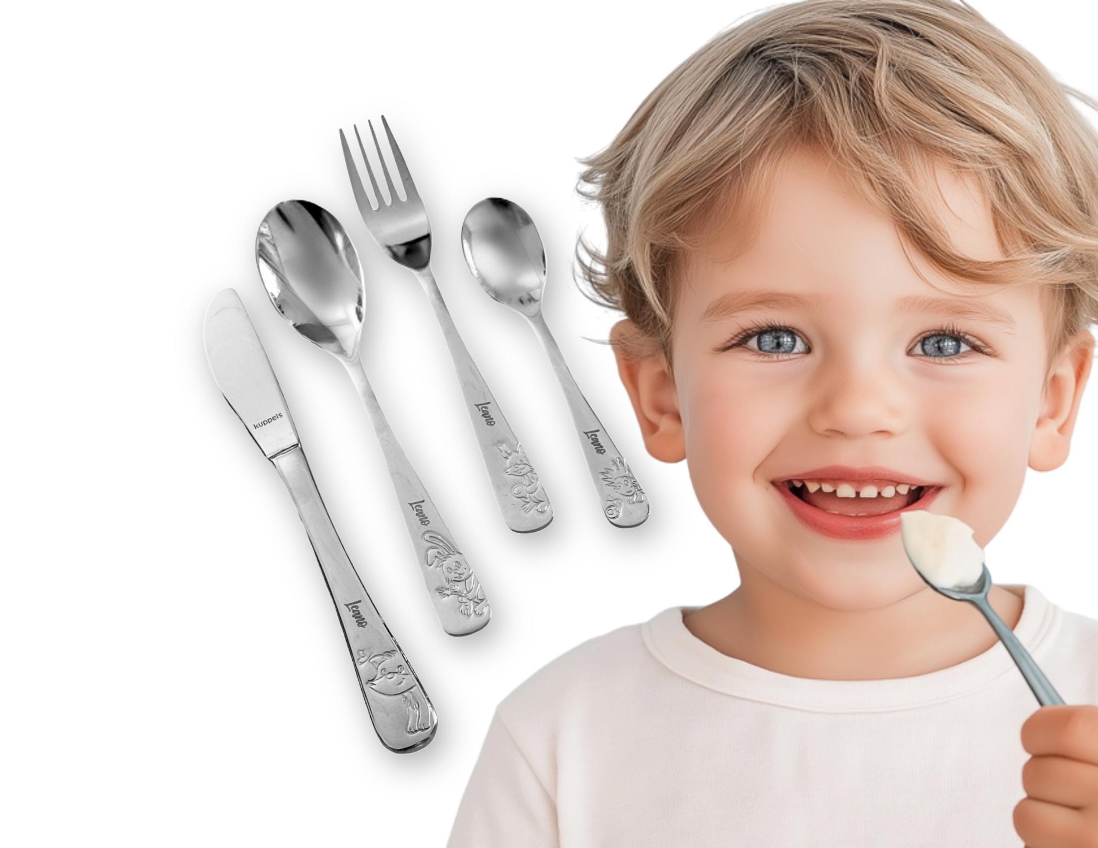 Kinderbesteck personalisiert | 4teilig Edelstahl | mit Lasergravur Namen | verschiedene Tier-Motive