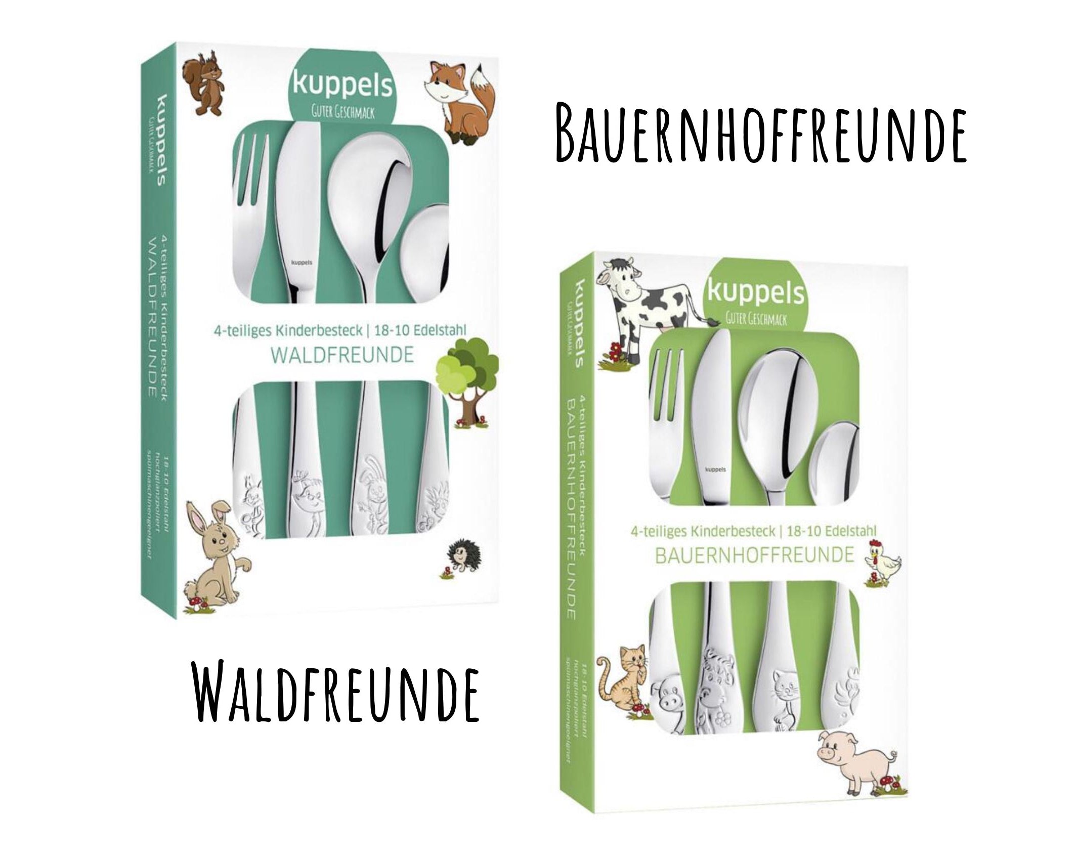 Kinderbesteck personalisiert | 4teilig Edelstahl | mit Lasergravur Namen | verschiedene Tier-Motive