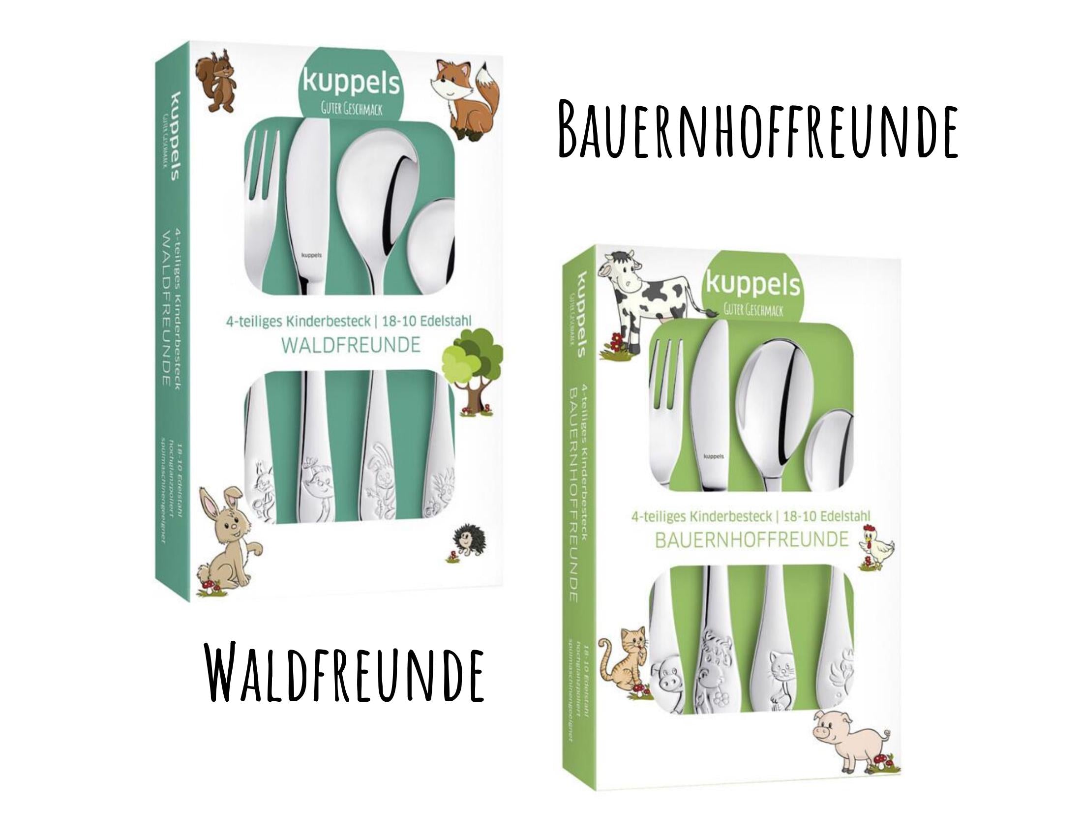 Kinderbesteck personalisiert | 4teilig Edelstahl | mit Lasergravur Namen | verschiedene Tier-Motive
