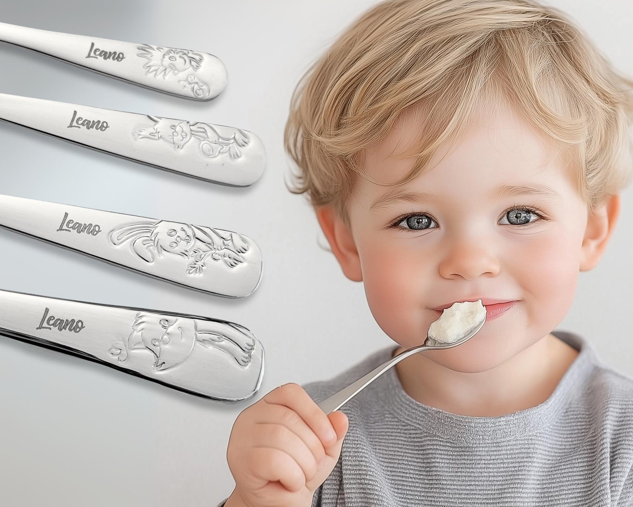 Kinderbesteck personalisiert | 4teilig Edelstahl | mit Lasergravur Namen | verschiedene Tier-Motive