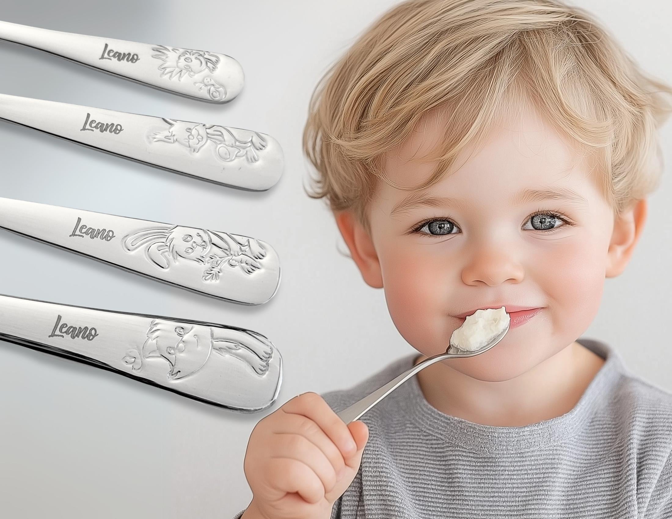 Kinderbesteck personalisiert | 4teilig Edelstahl | mit Lasergravur Namen | verschiedene Tier-Motive
