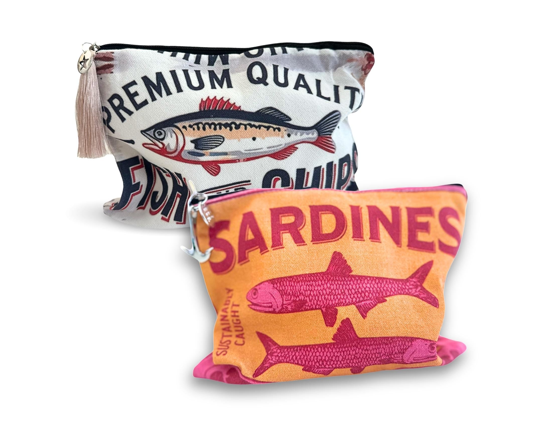 Bunte Sardines Kosmetiktasche | Schminktasche bedruckt | mit Anhänger