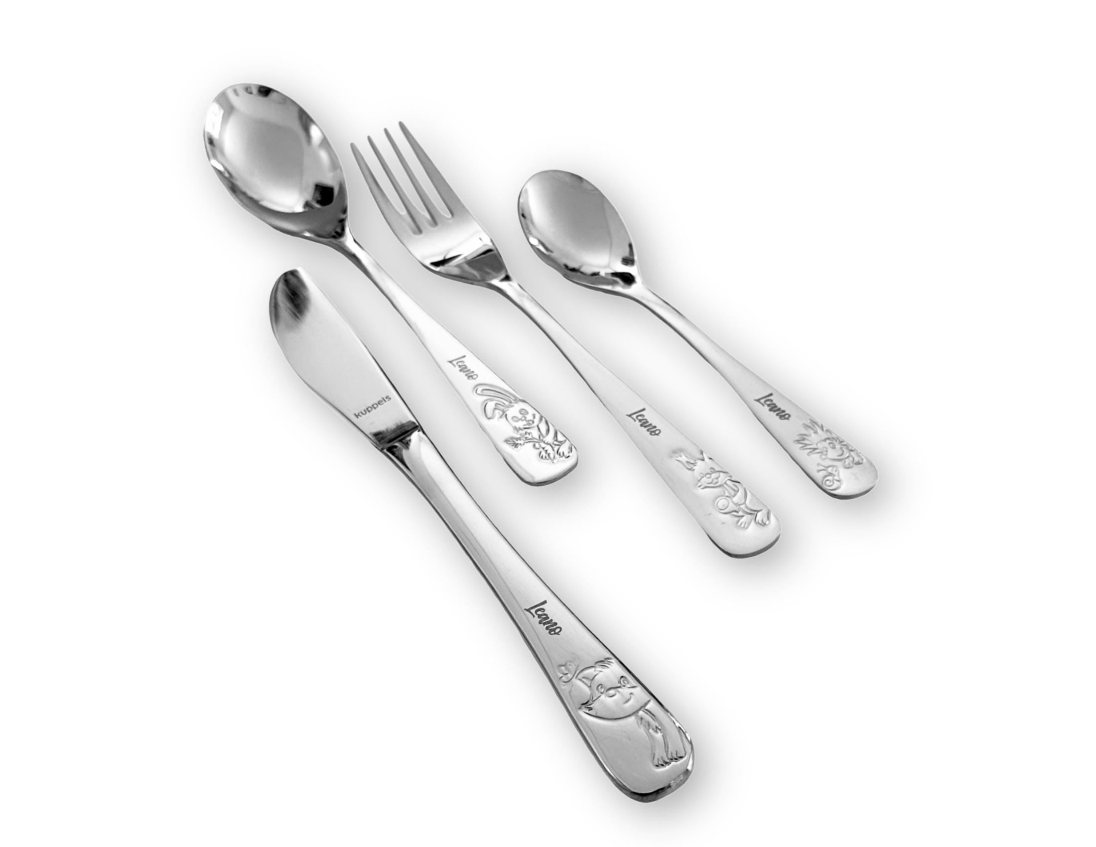 Kinderbesteck personalisiert | 4teilig Edelstahl | mit Lasergravur Namen | verschiedene Tier-Motive