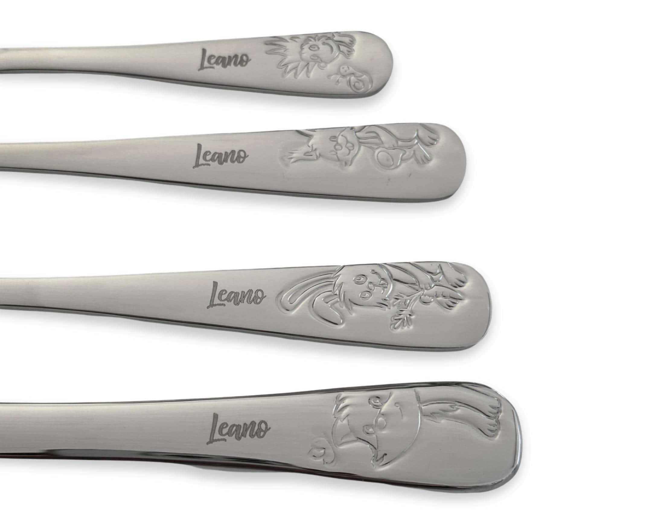 Kinderbesteck personalisiert | 4teilig Edelstahl | mit Lasergravur Namen | verschiedene Tier-Motive