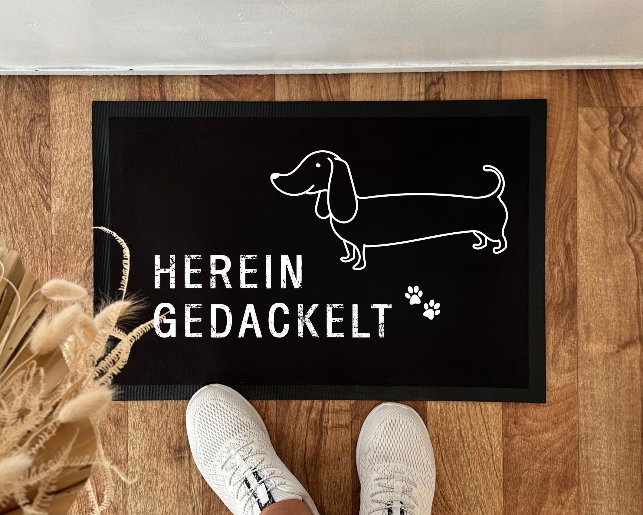 Fußmatte Hereingedackelt | Personalisierter Fußabtreter mit Namen und Dackelmotiv
