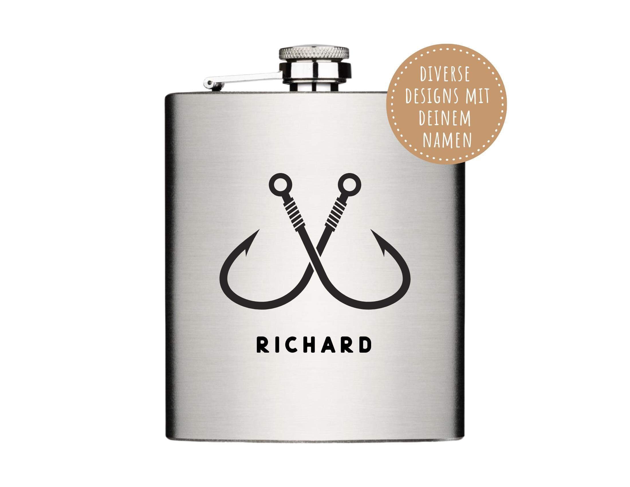 Flachmann für Angler | personalisiertes Geschenk | Edelstahl Trinkflasche | Lasergravur Name | Angeln