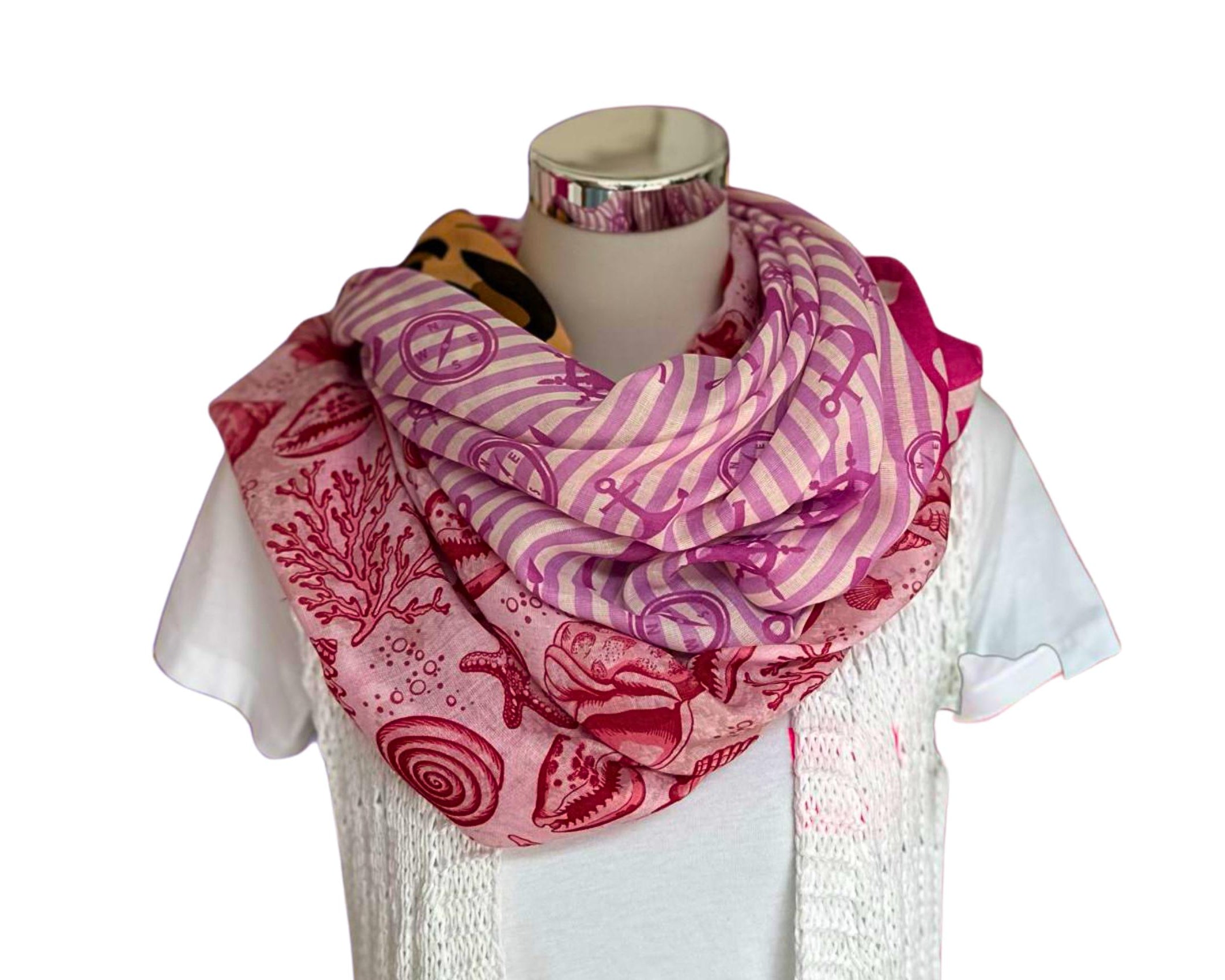 Tuch | Maritime Element | Leo| Anker | Seestern | Viskosetuch | leichtes Sommertuch mit drei Mustern in pink braun