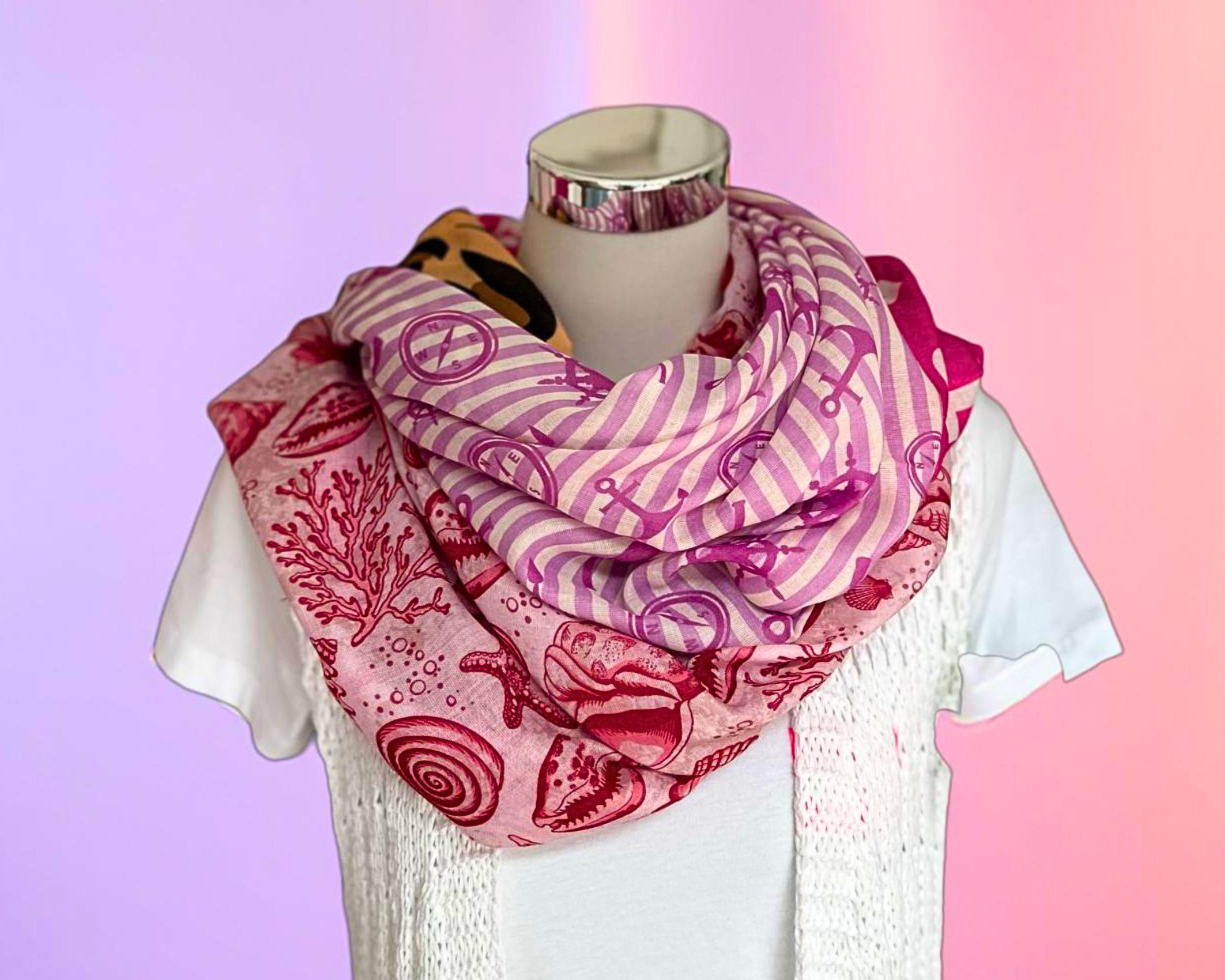 Tuch | Maritime Element | Leo| Anker | Seestern | Viskosetuch | leichtes Sommertuch mit drei Mustern in pink braun