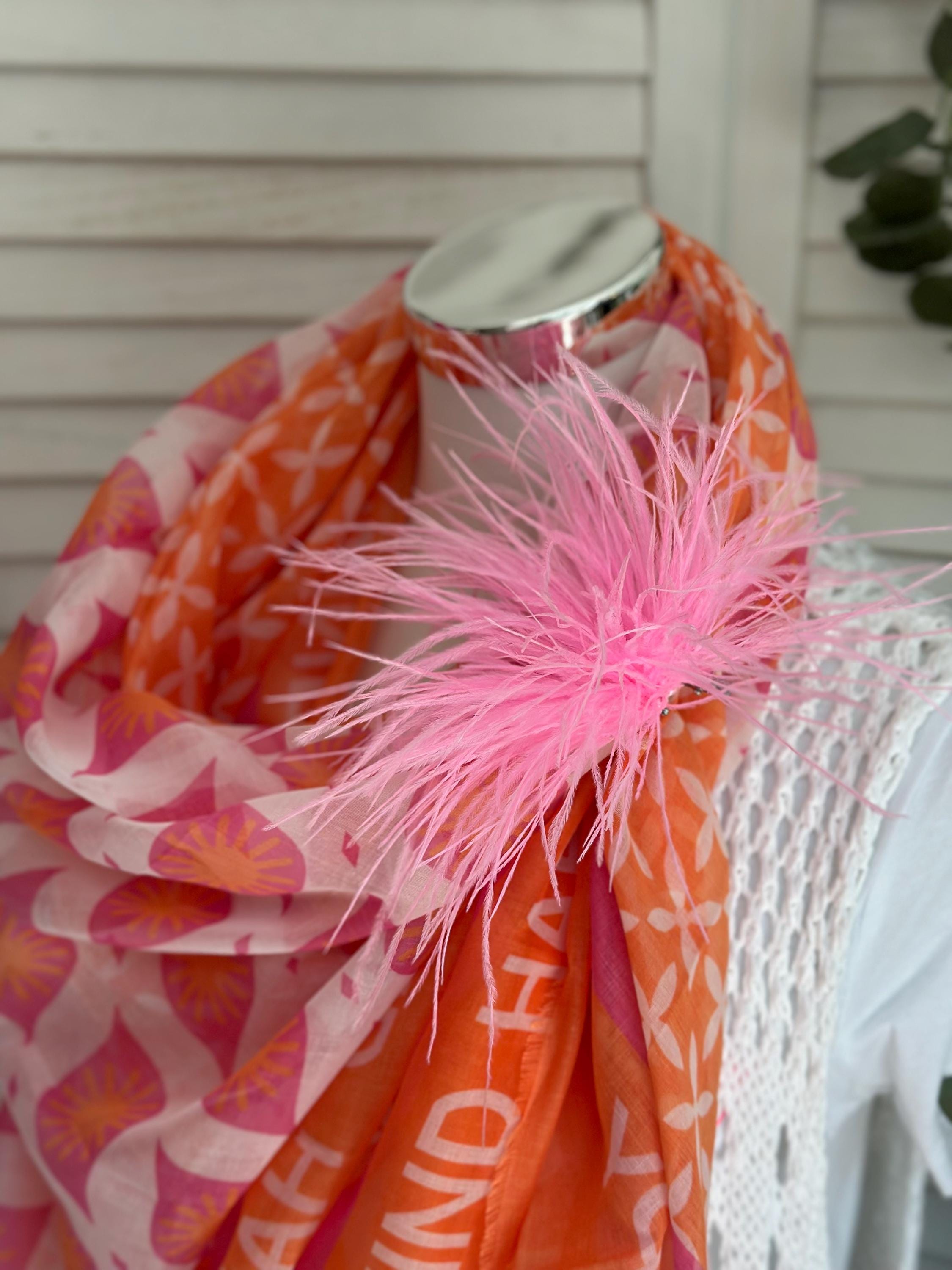 Tuch mit Blumen und Rautenmuster | Viskosetuch | leichtes Sommertuch | Pink orange | Happy Mind Schriftzug an der Kante