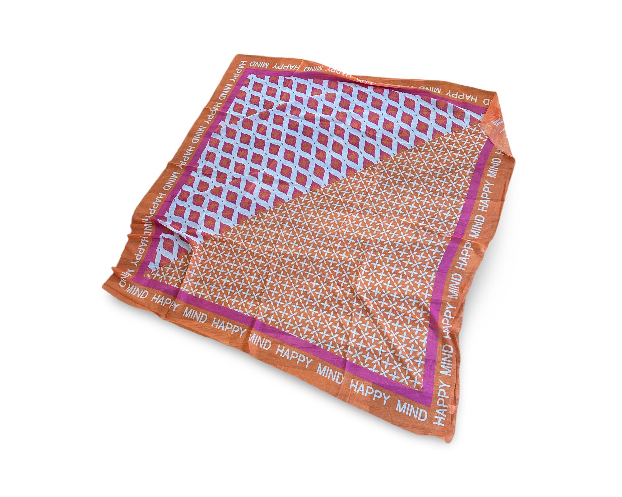 Tuch mit Blumen und Rautenmuster | Viskosetuch | leichtes Sommertuch | Pink orange | Happy Mind Schriftzug an der Kante