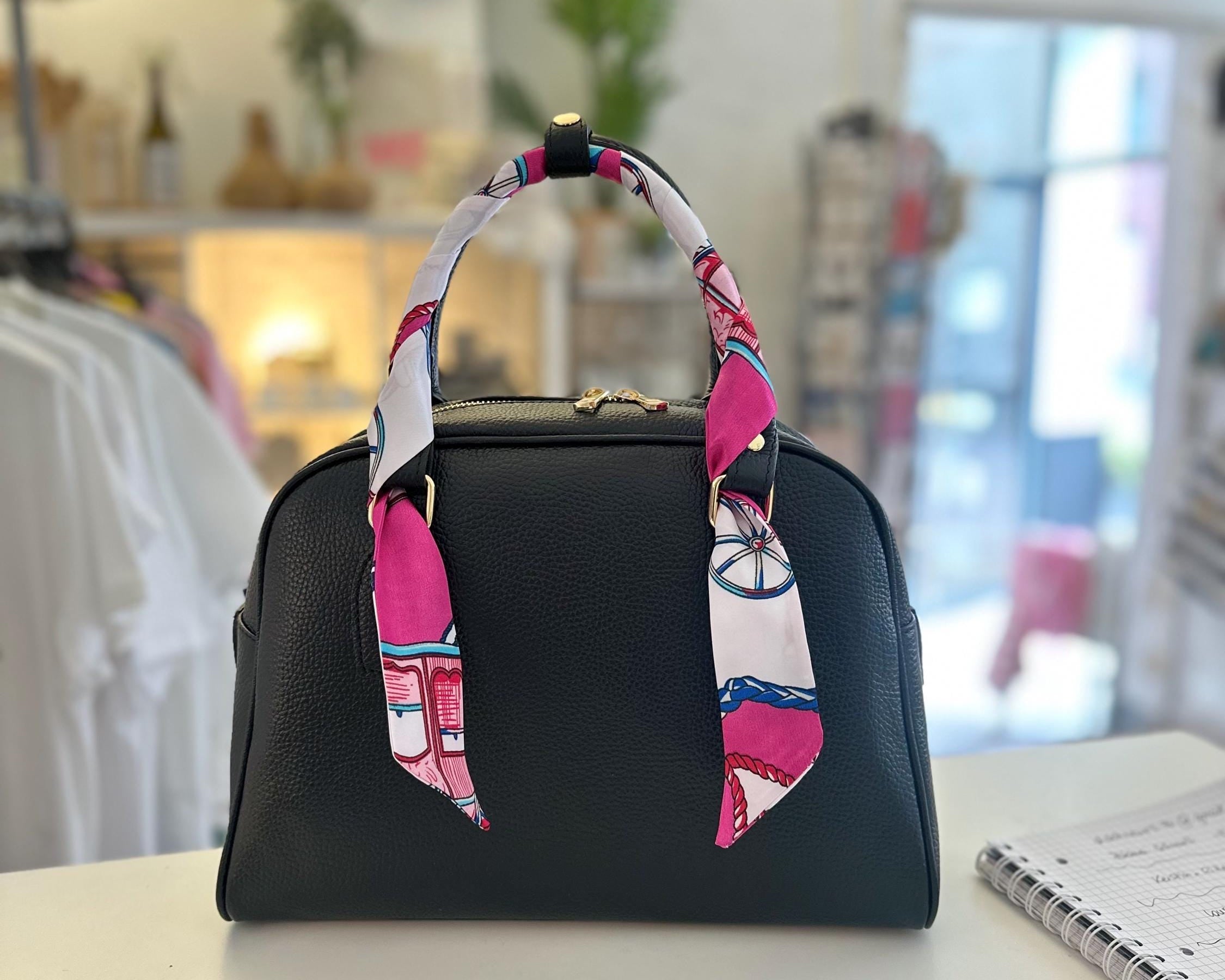 Twilly: seidiges Band | schmaler Schal in pink, weiß, türkis gemustert für Handtasche, als Halstuch oder Armband